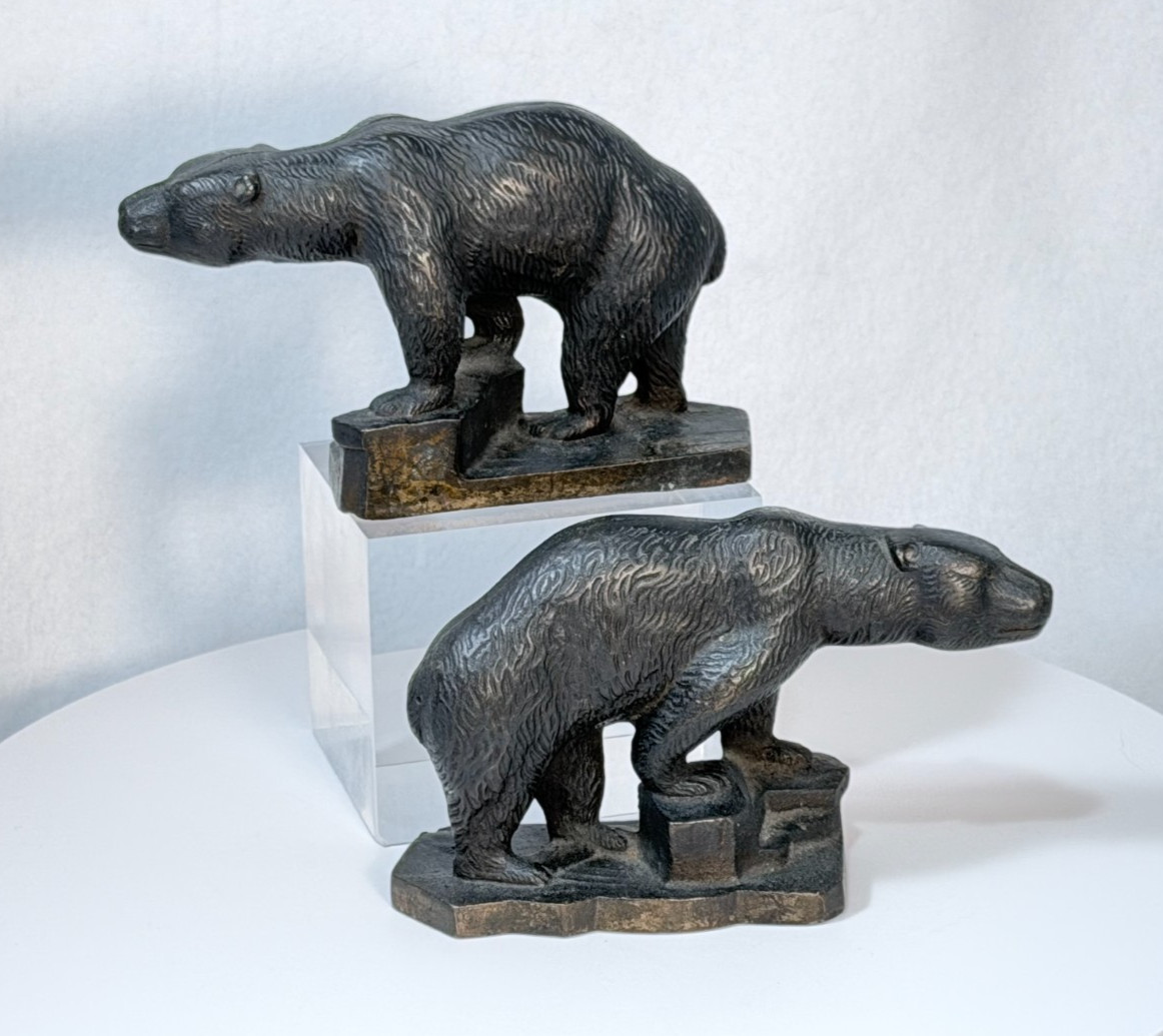 Antique Arts & Crafts Calif Grizzly Bear Bookends Pair Bronze Plate Cast Iron