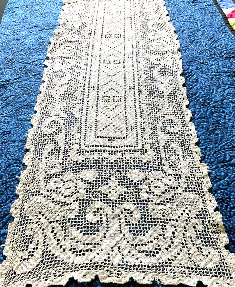 Antique Hand Knotted Figural Filet Net Lace Table Runner 13” X  46”