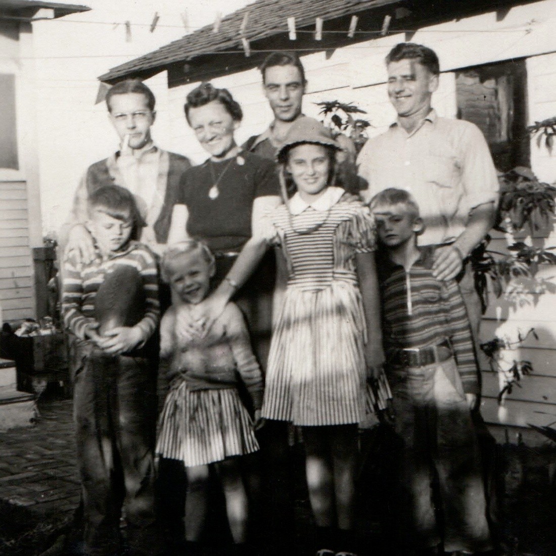 c1940s Family Backyard Clothesline Snapshot Photo Striped Dress Watermelon Vtg c1940s Family Backyard Clothesline Snapshot Photo Striped Dress Watermelon Vtg