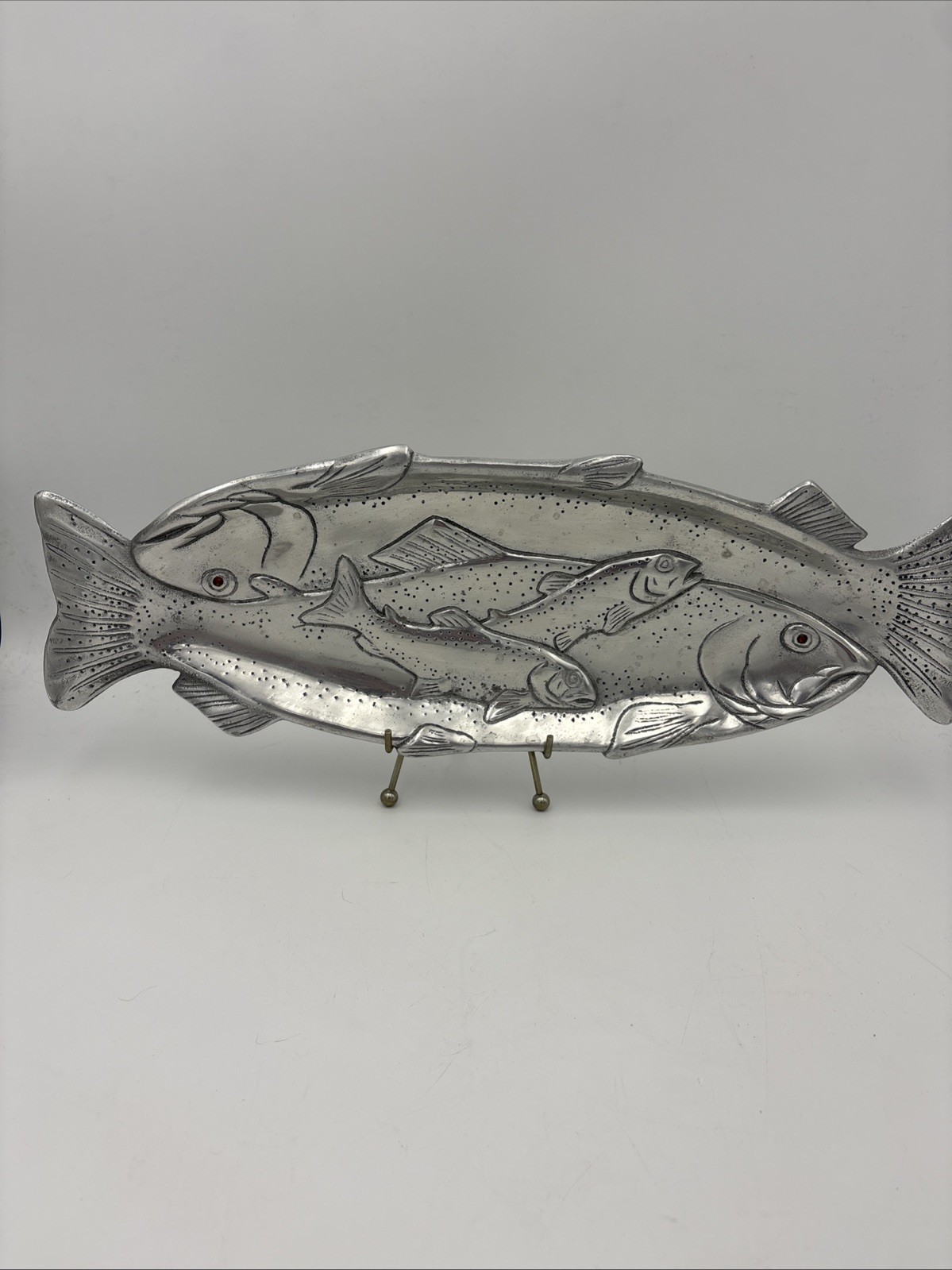 Arthur Court Fish/Salmon/Trout Embossed Serving Plate Silver Tone Red Glass Eyes