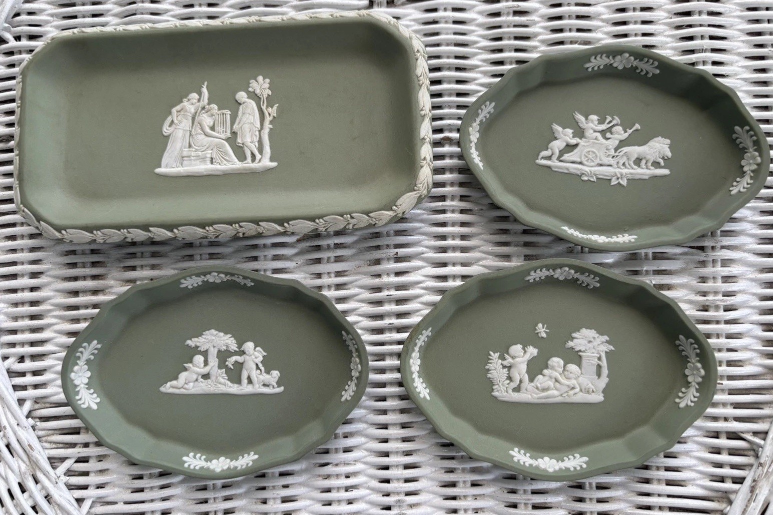 Wedgwood Celadon Green Jasperware Lot 4 Trinket Dishes Tray England Cherubs VGUC