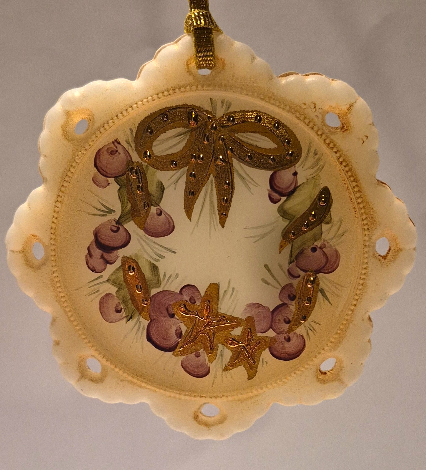 Fenton Hand Painted Signed Glass Wreath Christmas Ornament 2002 Fenton Hand Painted Signed Glass Wreath Christmas Ornament 2002