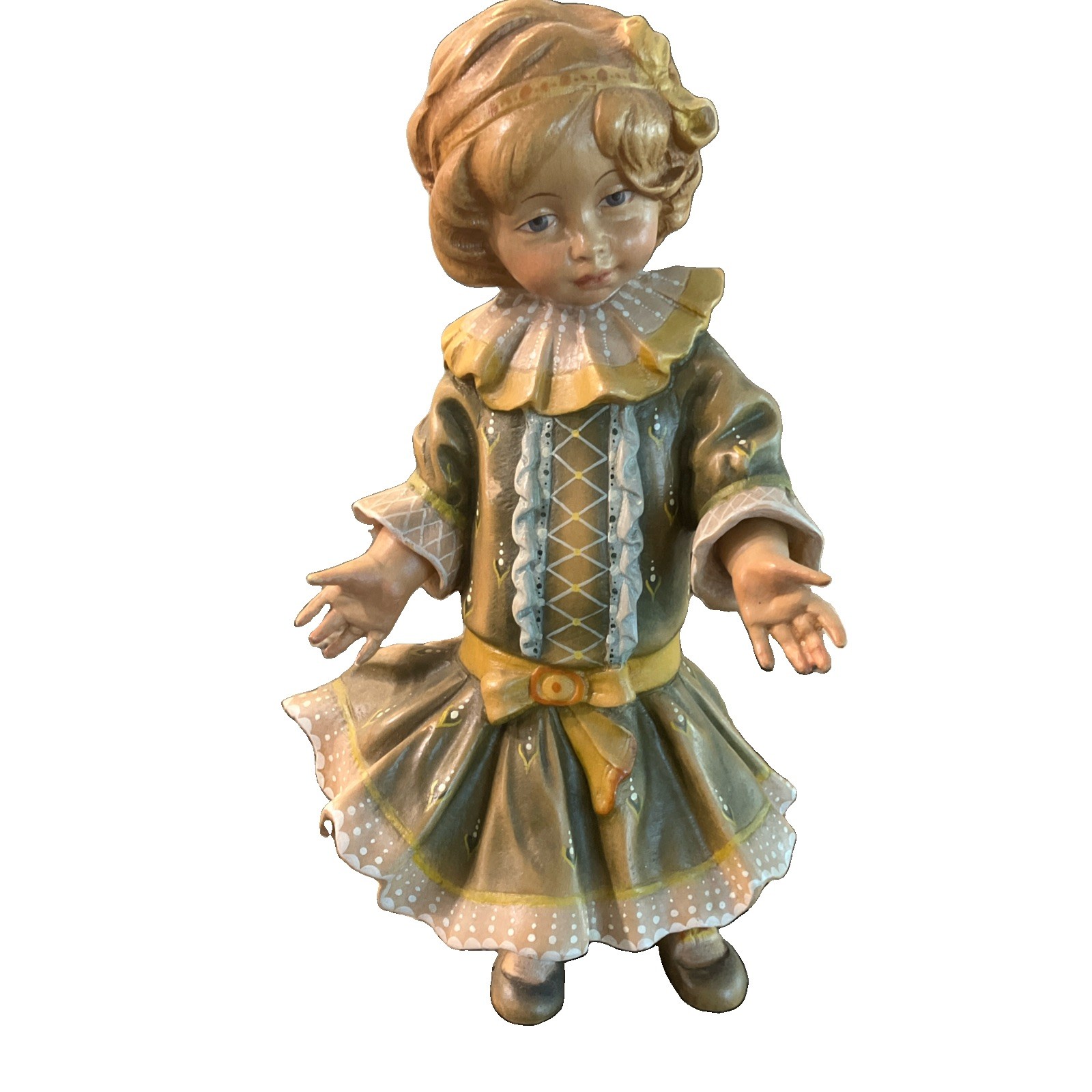 Beautiful Vintage Dolfi Santini Hand Carved Painted Wood Girl Doll Figurine 11” Beautiful Vintage Dolfi Santini Hand Carved Painted Wood Girl Doll Figurine 11”