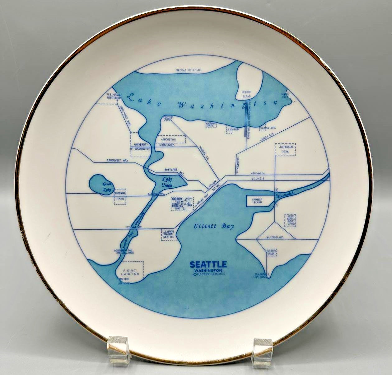 Vintage Seattle Washington Map Souvenir Collector Plate Haster Mosaics Japan 8.7