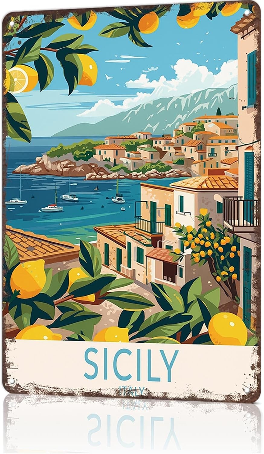 Funny Vintage Sicily Italy Travel Poster Tin Metal Signs Home Décor 8x12