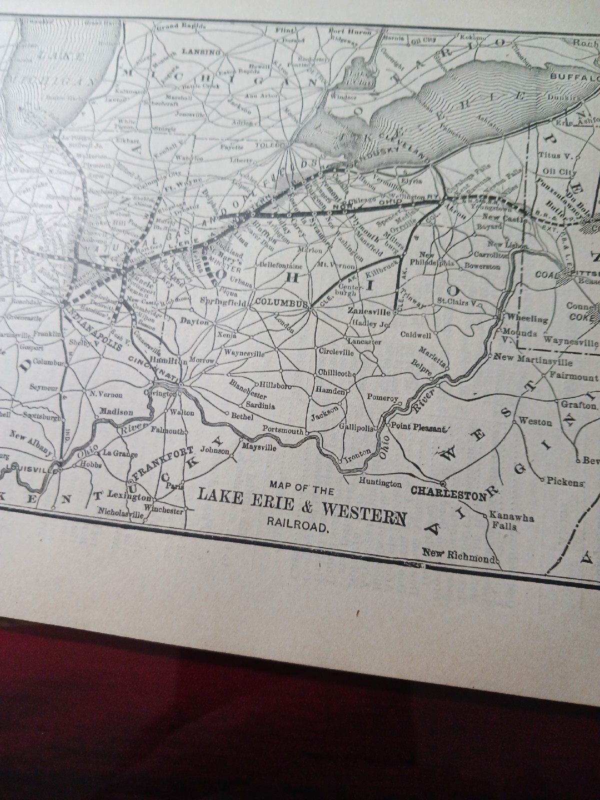 ☆1898 Train route Map LAKE ERIE & WESTERN RAILROAD Minster OH Rushville Indiana