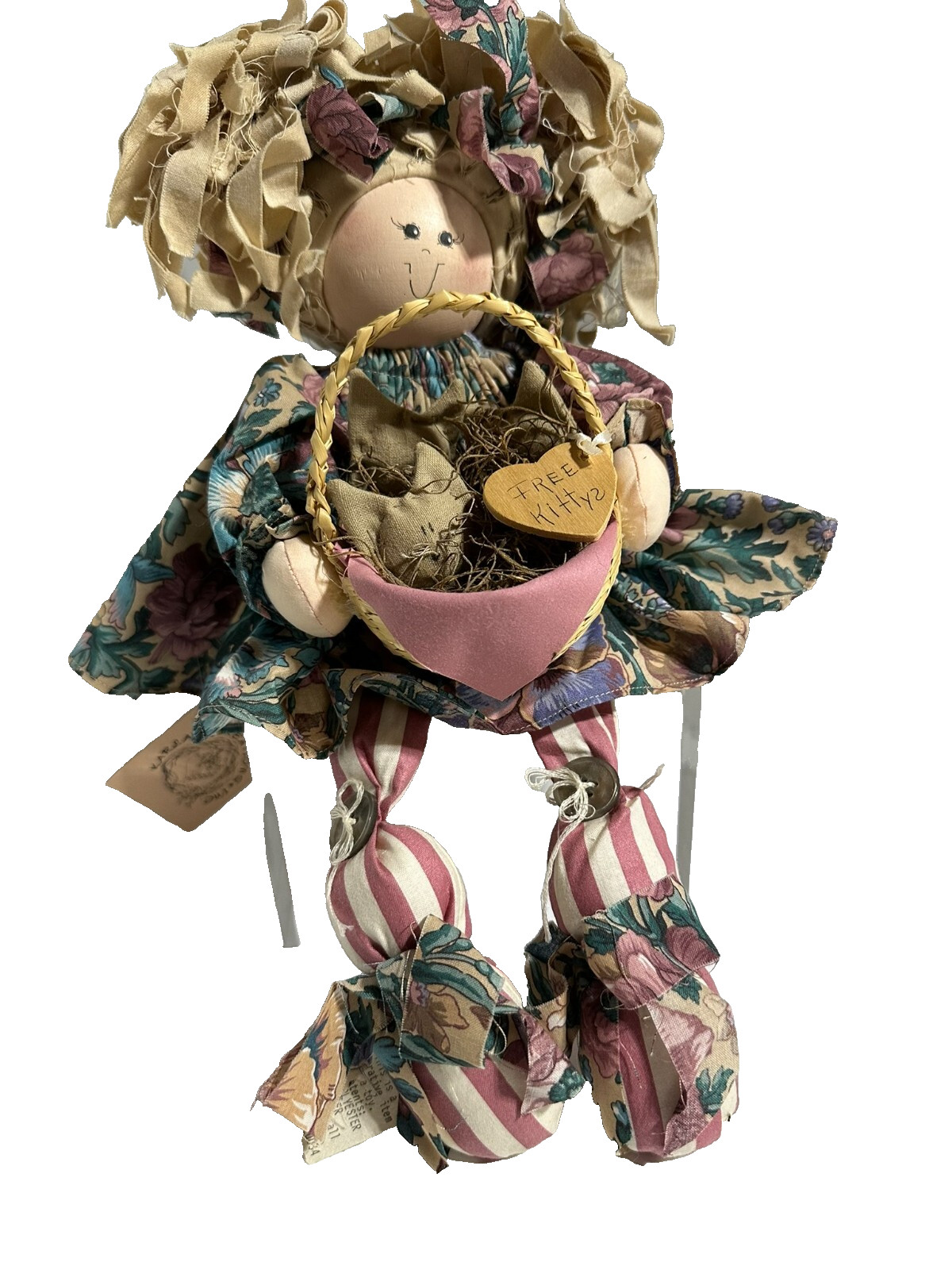 Vintage Karla\'s Kreations Curly Hair Block Doll Girl with Basket of Kittens Vintage Karla\'s Kreations Curly Hair Block Doll Girl with Basket of Kittens