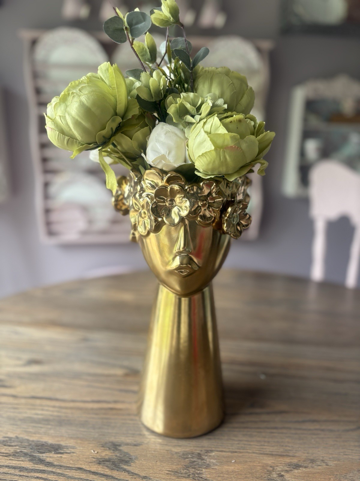 Beautiful Woman Ceramic Gold Vase With Green Peonies Beautiful Woman Ceramic Gold Vase With Green Peonies