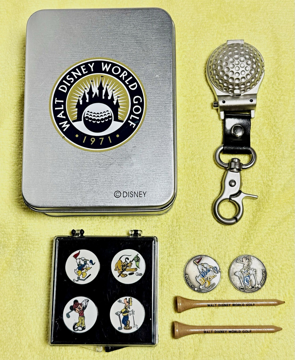 Vintage Walt Disney World Golf 1971 Tin Set with Keychain Watch, Markers & Tees