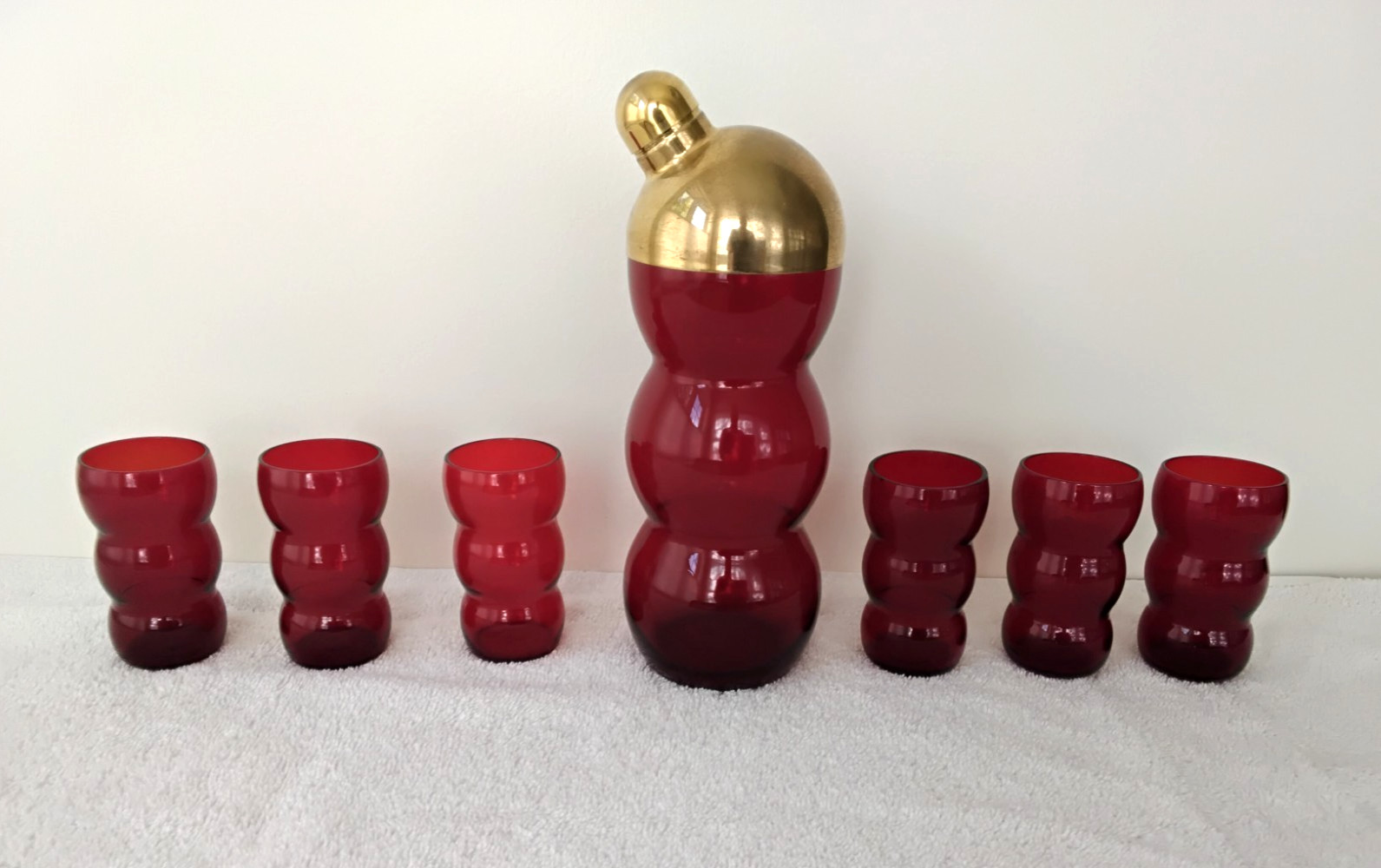 1930\'s Art Deco Fostoria Ruby Red Bubble Cocktail Shaker & Glasses \ 1930\'s Art Deco Fostoria Ruby Red Bubble Cocktail Shaker & Glasses \