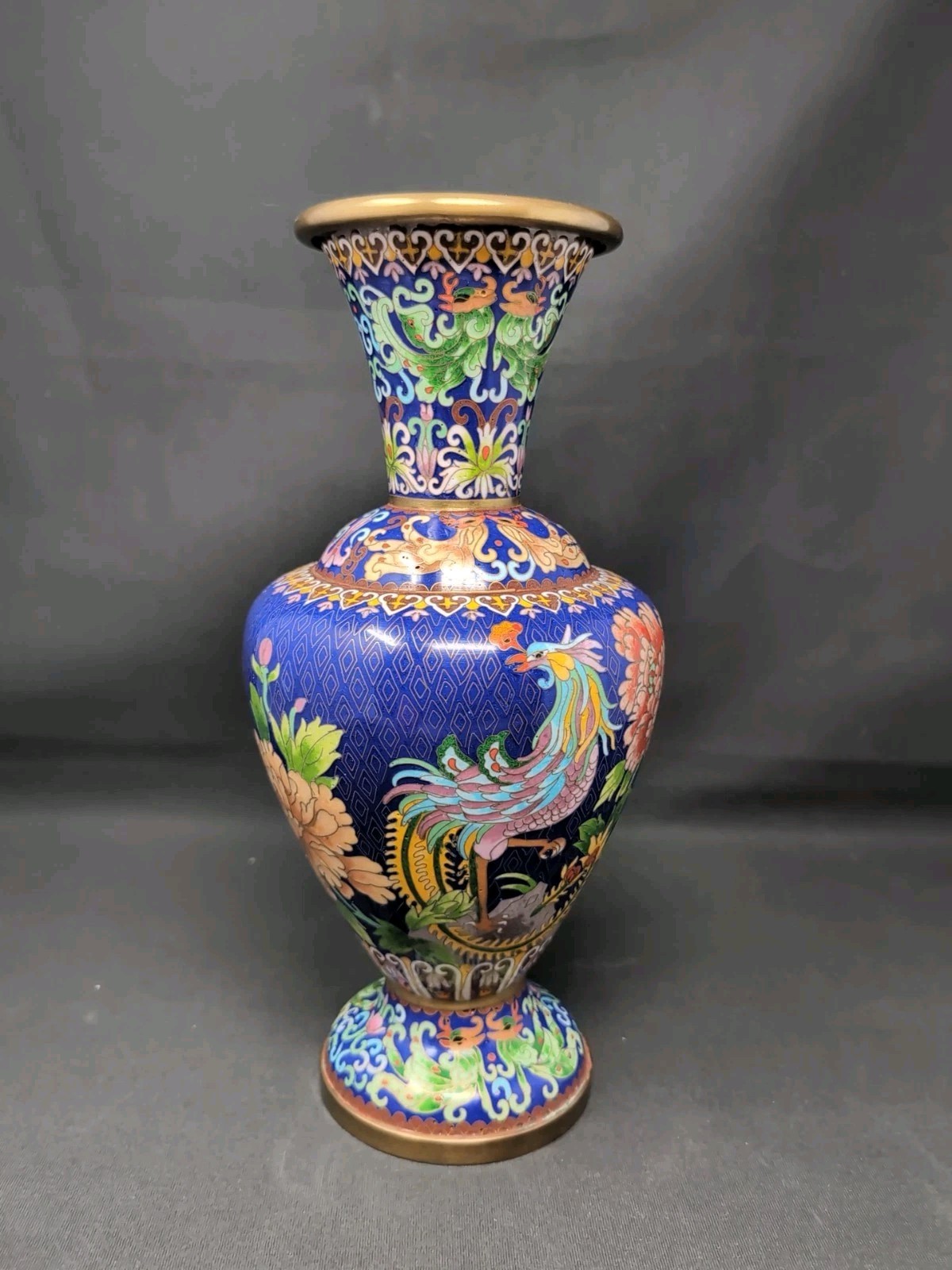 MAJESTIC 31 cm Rooster & Peony CLOISONNE Vase Chinese or Japanese VINTAGE Blue