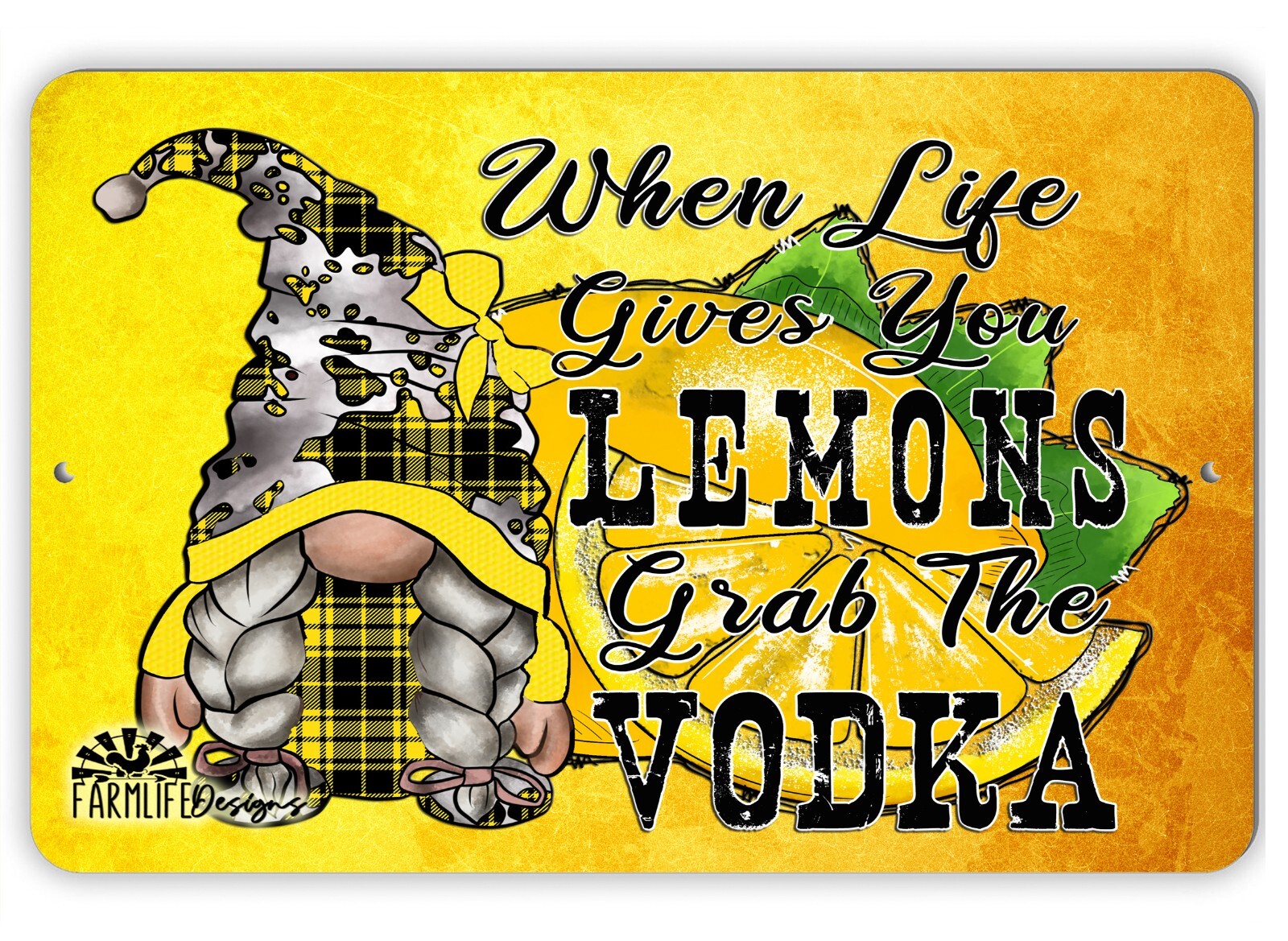 Gnome Sign Lemons Vodka funny metal tin wall art decor gift handmade lemonade