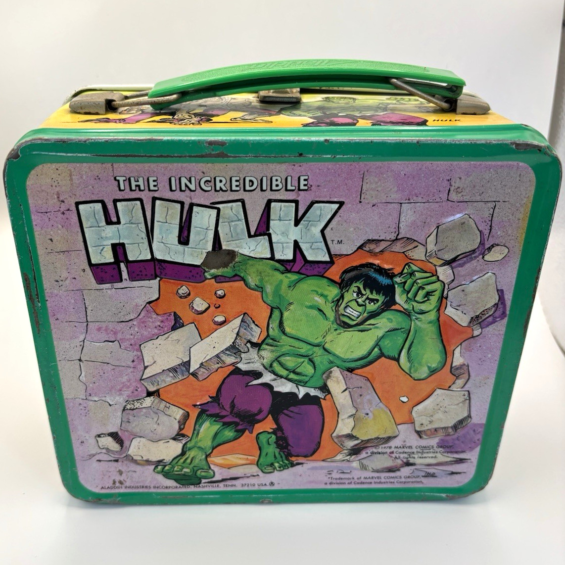 The Incredible Hulk 1980s Metal Lunchbox w/ Green Handle Comic Art Vintage The Incredible Hulk 1980s Metal Lunchbox w/ Green Handle Comic Art Vintage