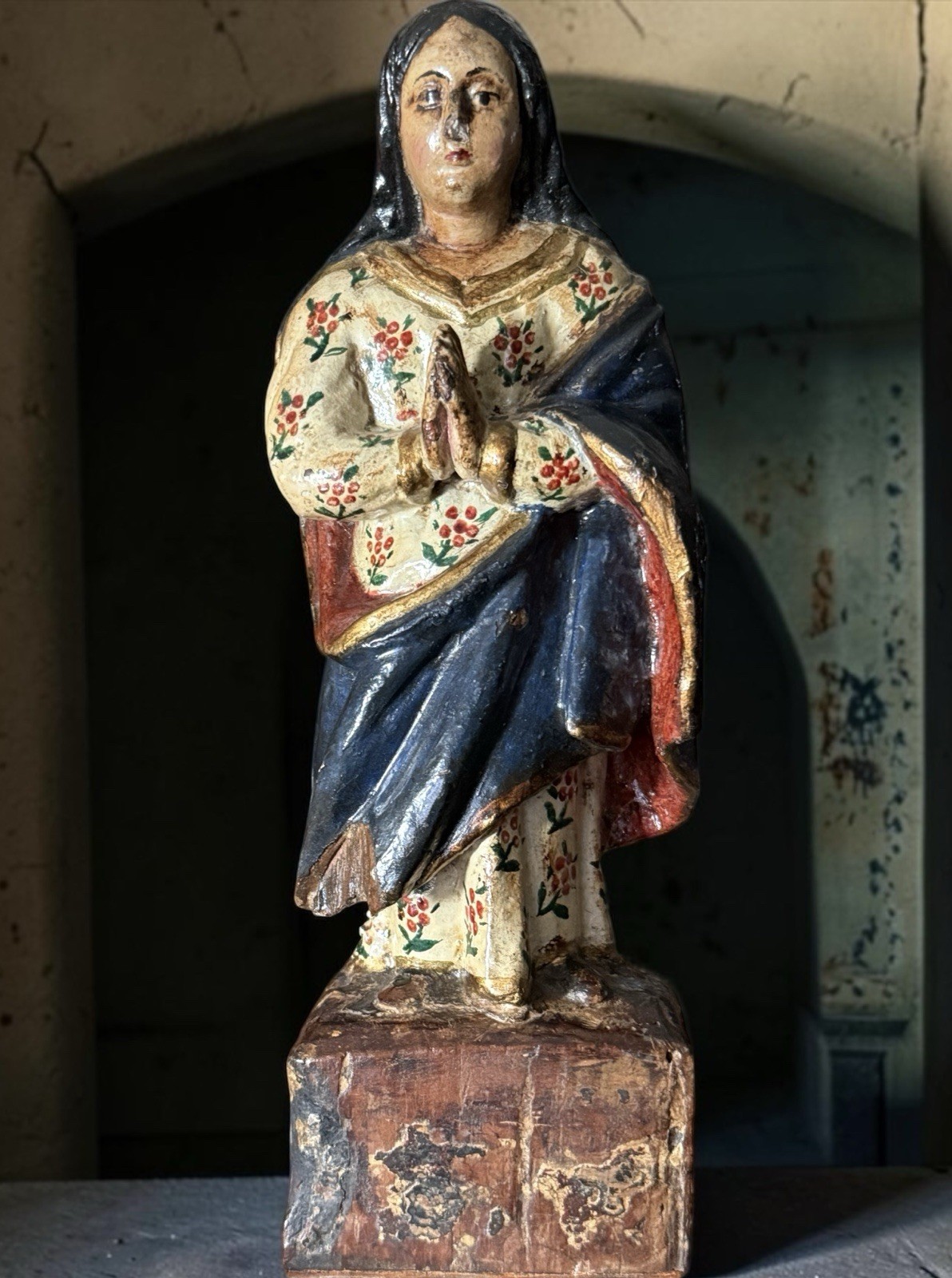 Antique Santo 19th C. polychrome-painted Carved Wood Sculpture Virgin Mary