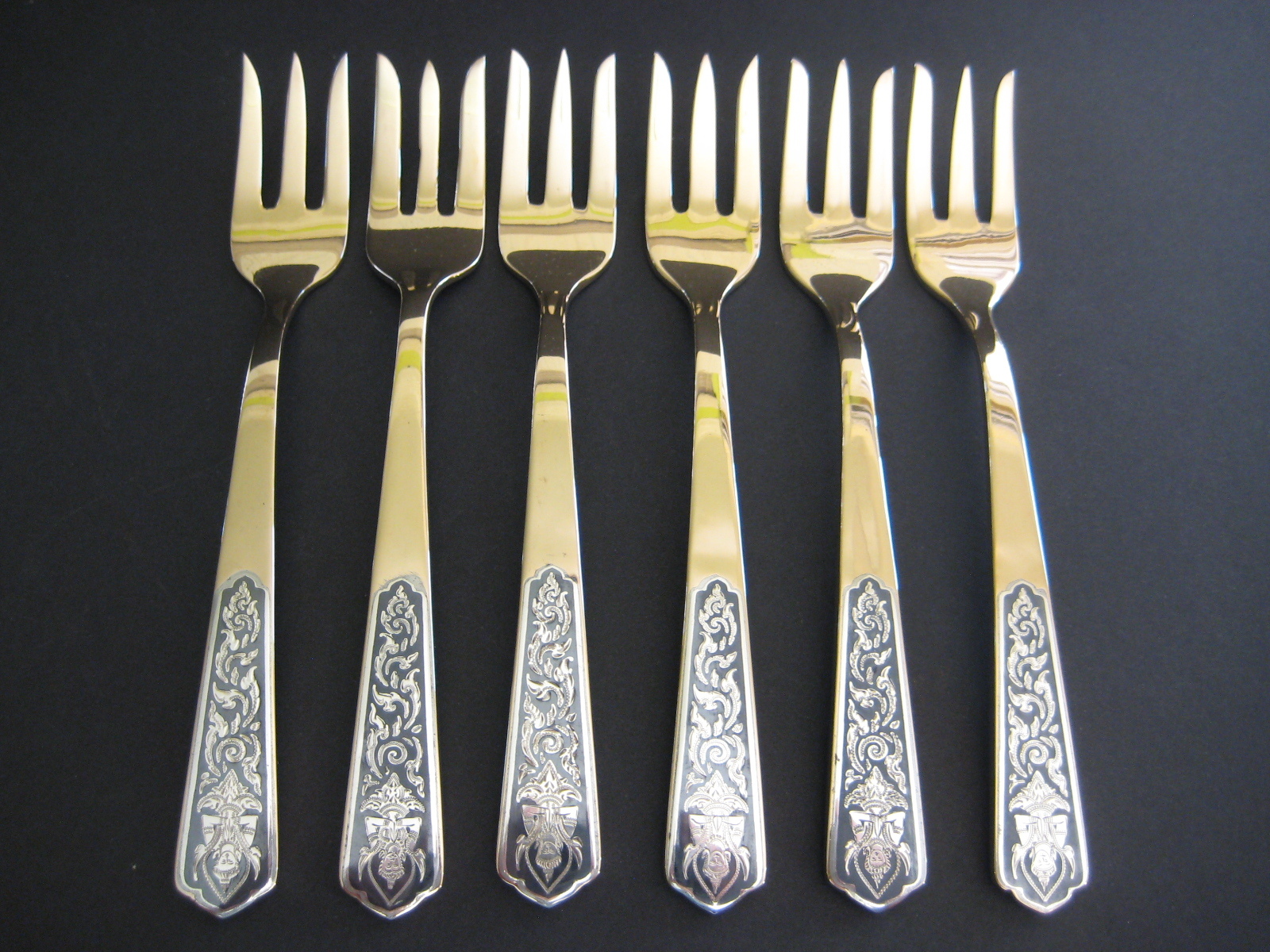 Set Of 6 Vintage Amfarco Siam Sterling Silver Inlaid Buddha Brass Forks, 6 3/4\