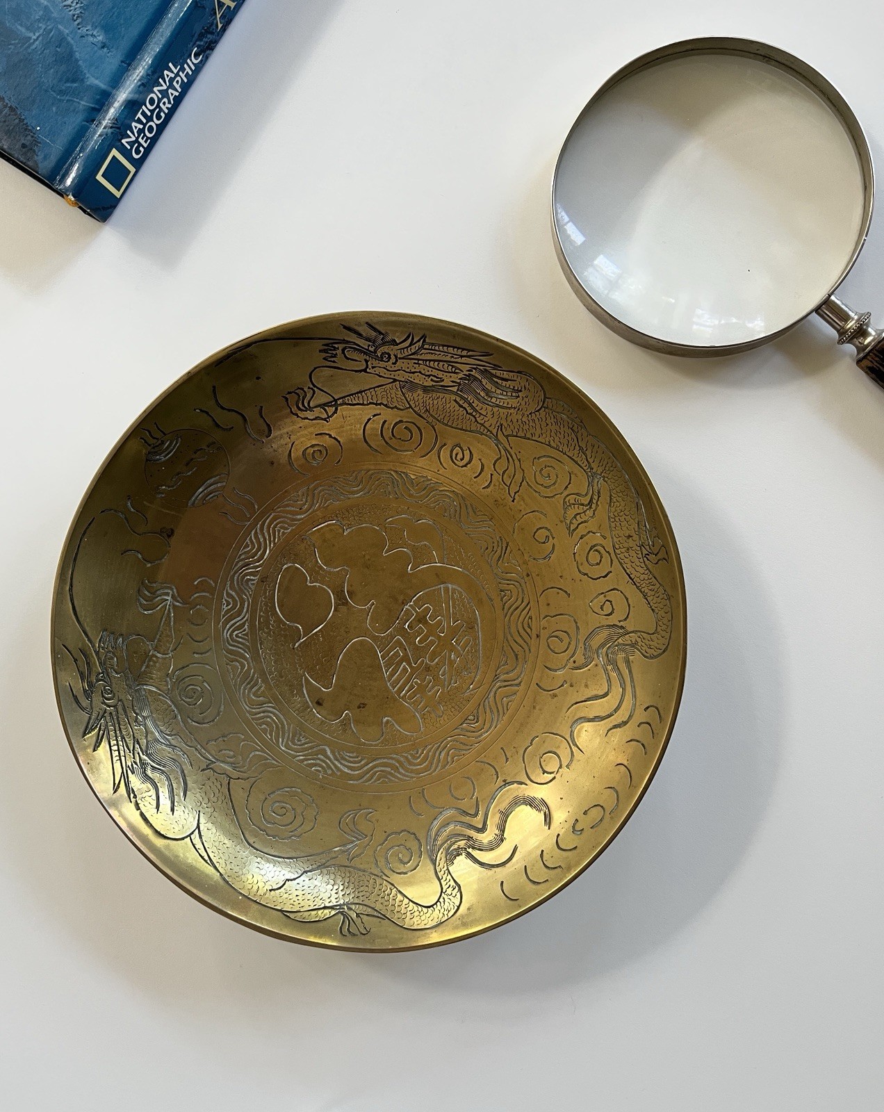 Vintage Chinese Brass Bowl 10in Heavy Etched Dragon Engraved Antique Asian