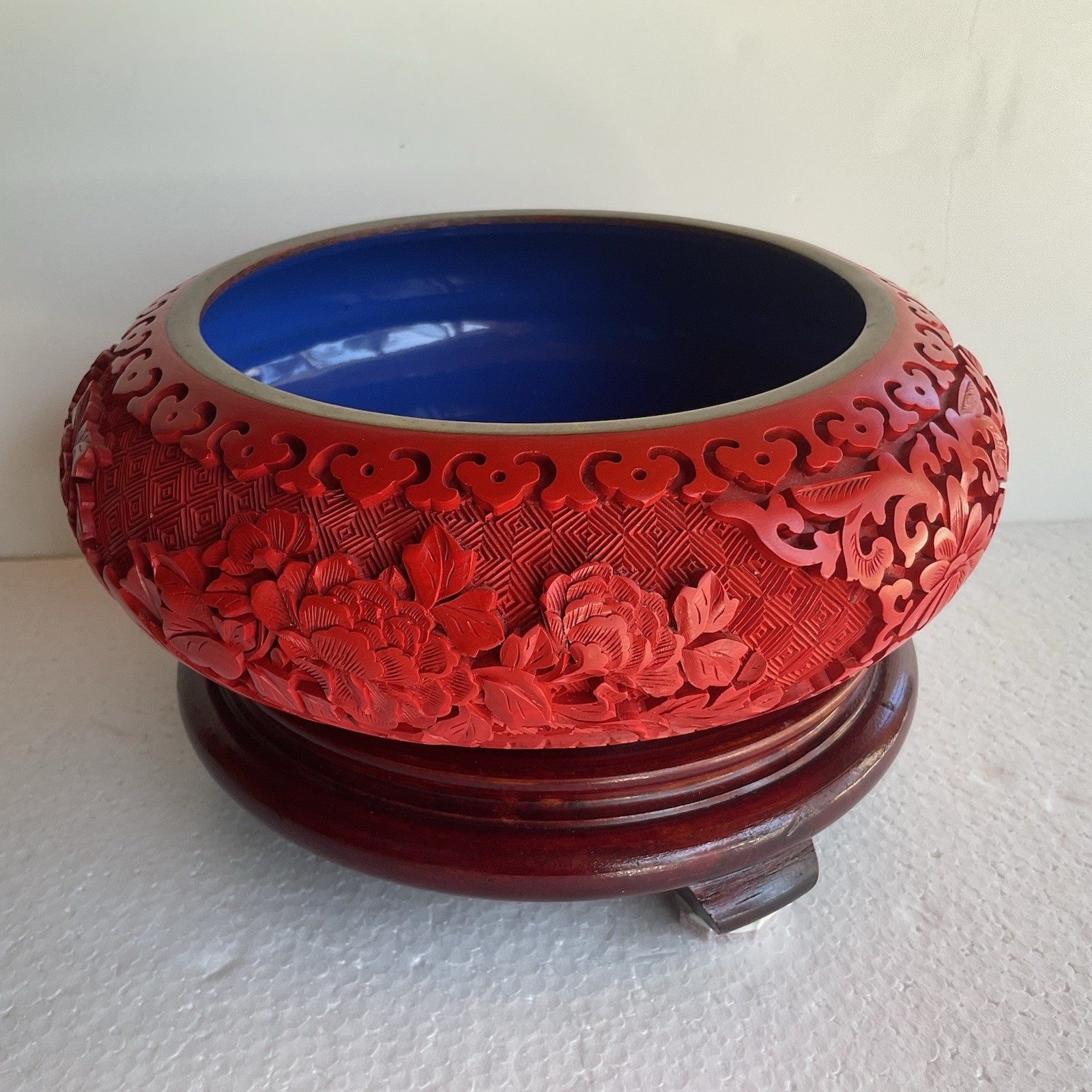Vintage  Chinese Carved Cinnabar Bowl, Blue Enamel Lining, Brass Trim On Stand