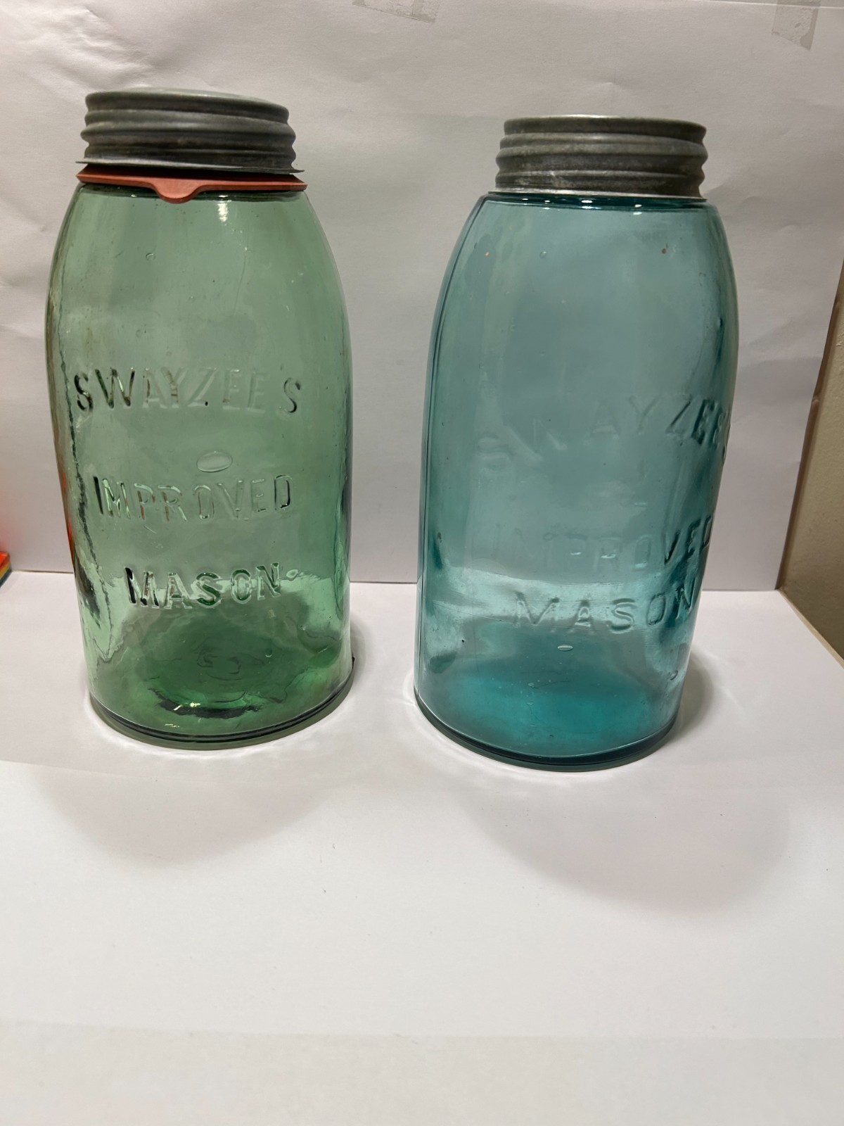 2  ANTIQUE ORIGINAL OLIVE GREEN AND BLUE SWAYZEE\'S MASON JAR\'S  2 QUART BUBBLES