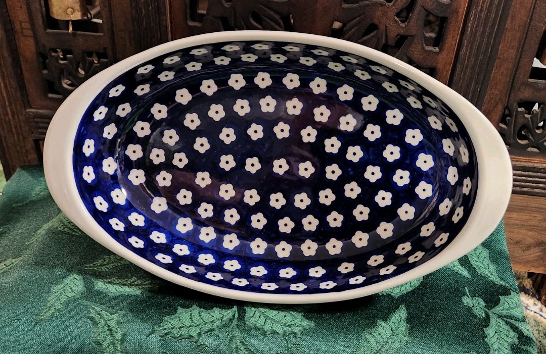 Polish Pottery Blue Floral Baking Serving Oval Dish 10 Inch Ceramic Mosquito
