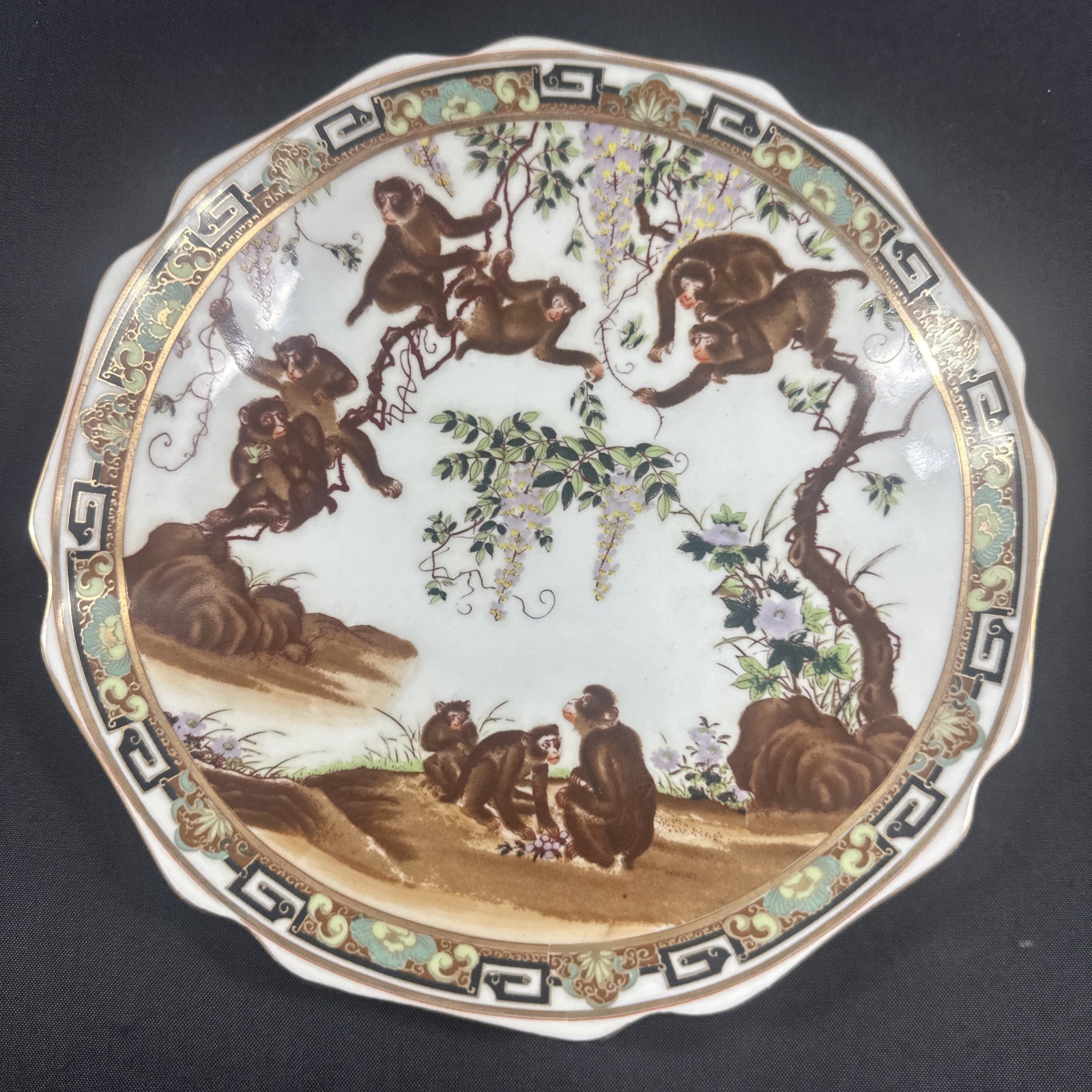 Chinese Merry Monkeys Wysteria Porcelain Plate 8.75” Vintage Brown White Green