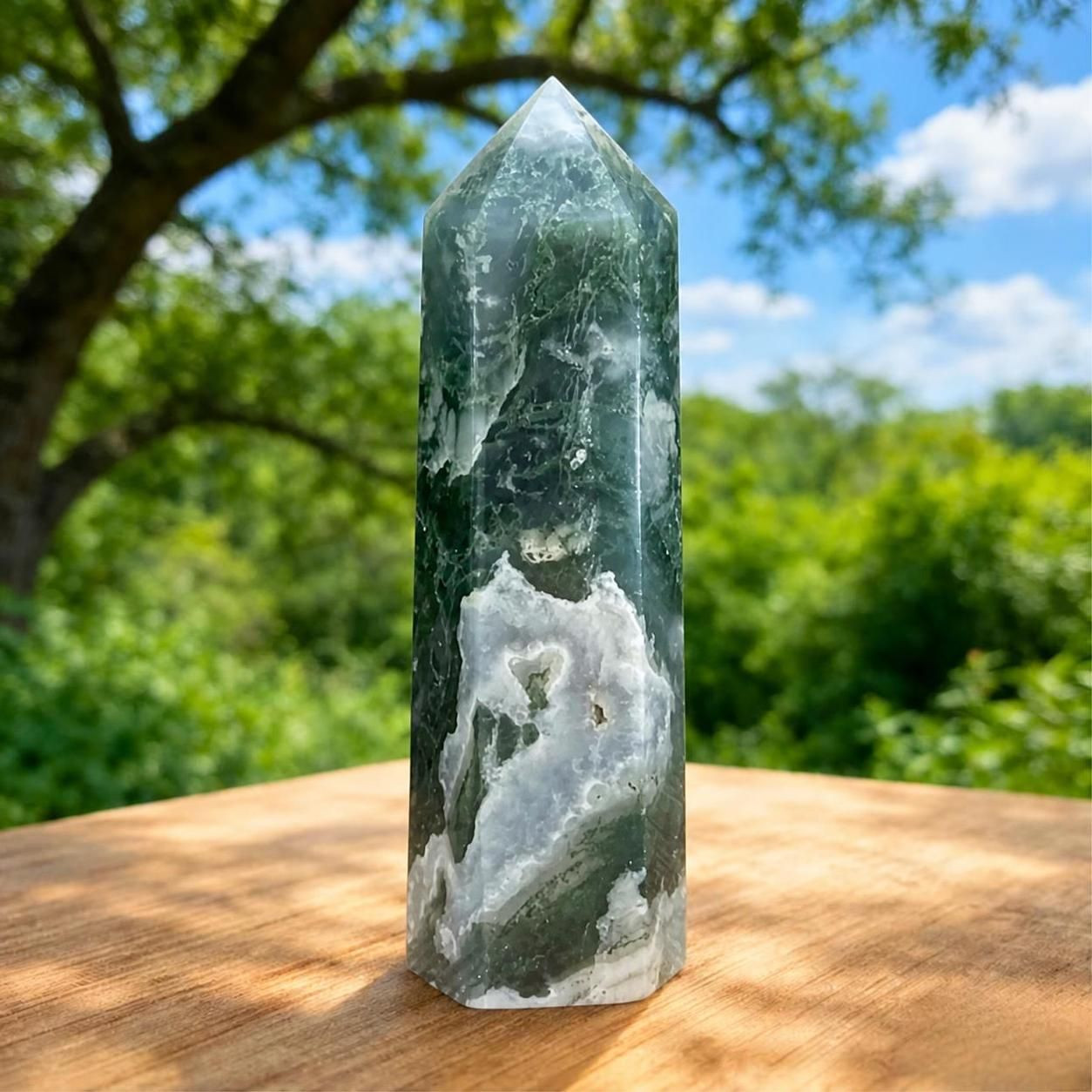 Natural Moss Agate Crystal Tower Obelisk Wand Healing Gemstone Home Decor Gift