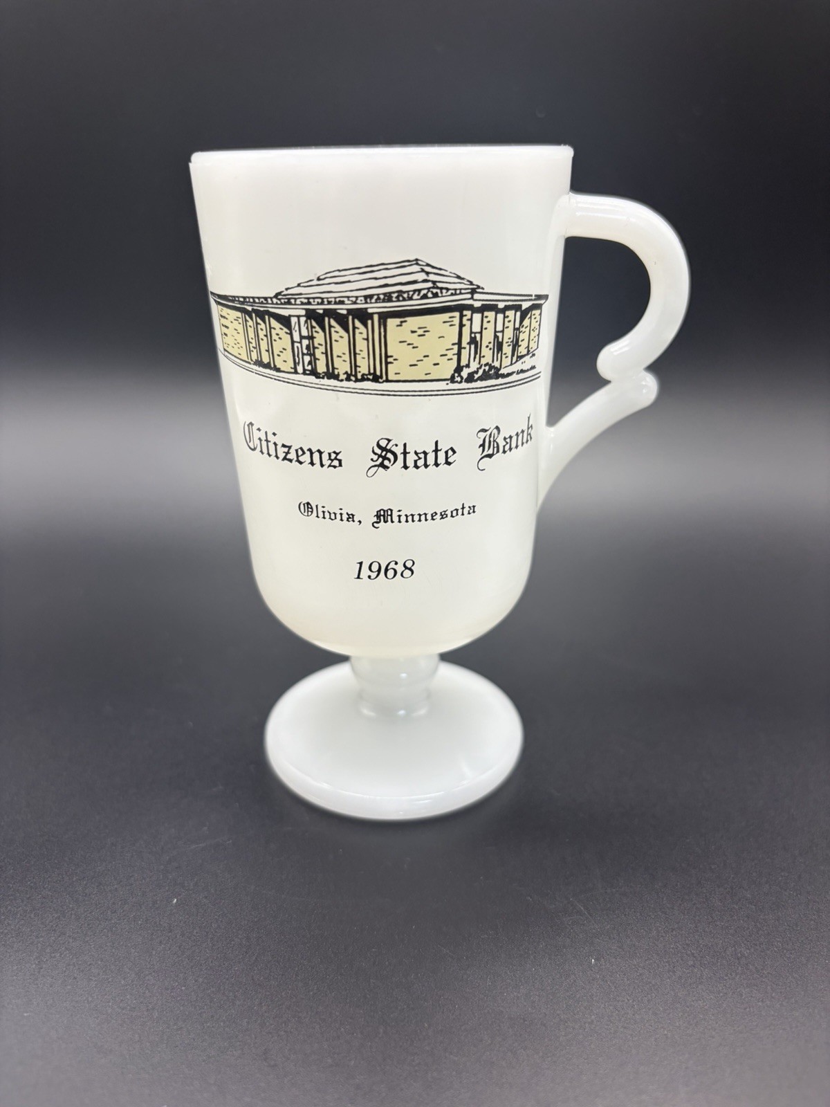 Vintage 1968 Citizens State Bank Olivia MN Milk Glass Pedestal Advertising Mug