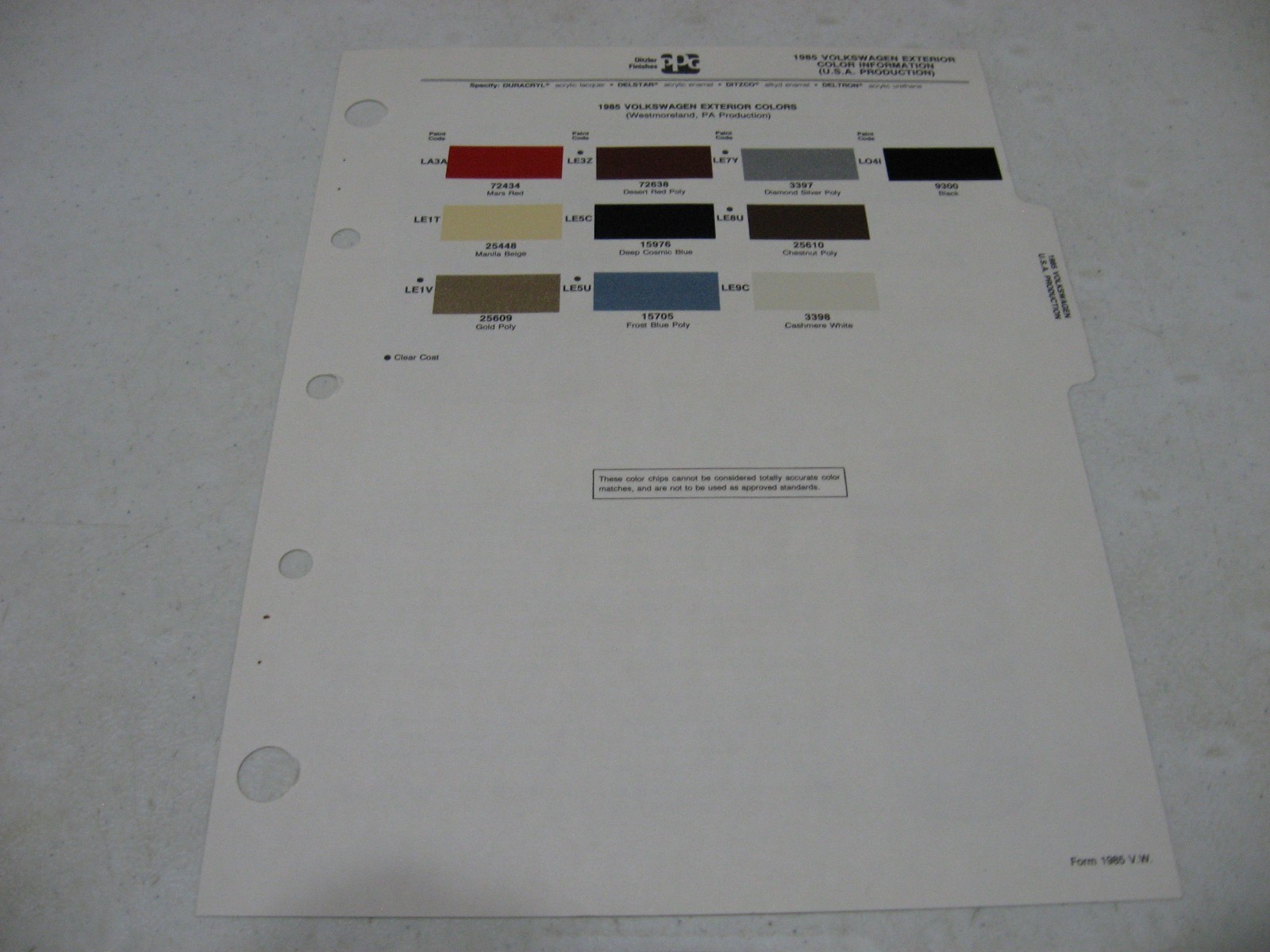 1985 Volkswagen Original PPG Ditzler 1 Page Paint Color Chip Chart