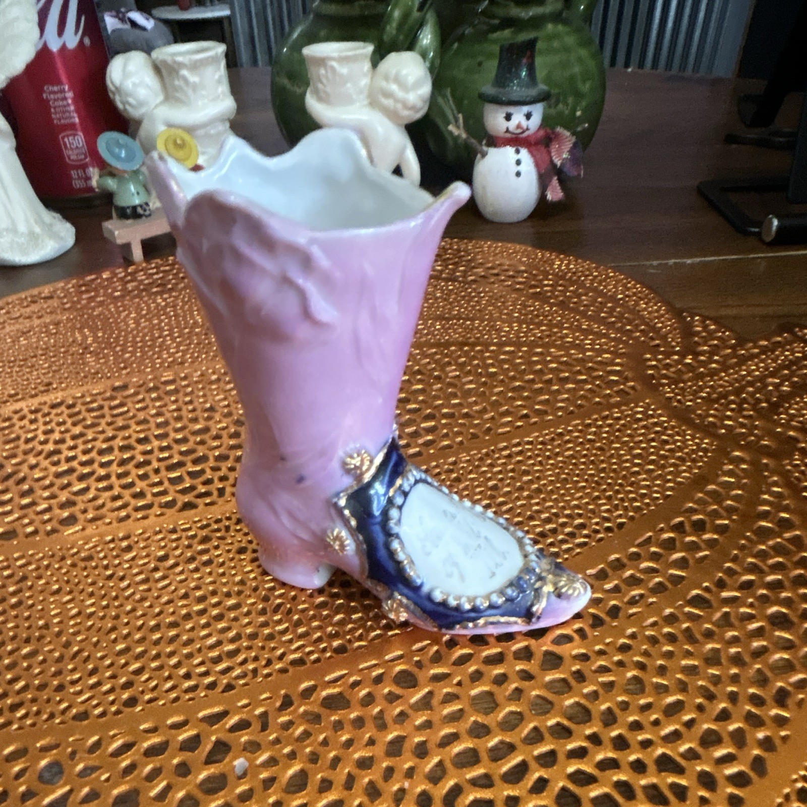 Hand Painted Glazed Ceramic Pink High Heel Shoe Figurine Blue White Gold Hand Painted Glazed Ceramic Pink High Heel Shoe Figurine Blue White Gold