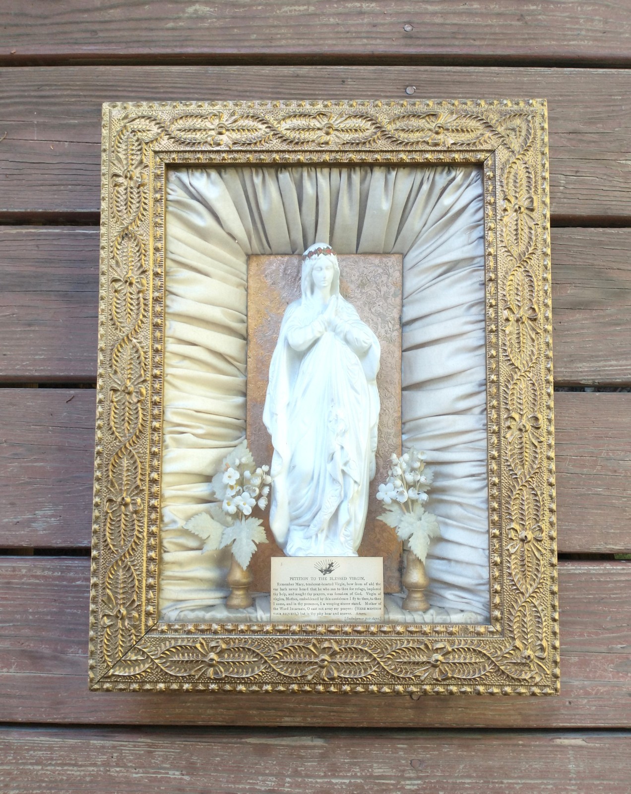 Antique Religious Blessed Virgin Mary Statue Prayer Shrine Shadow Box Frame