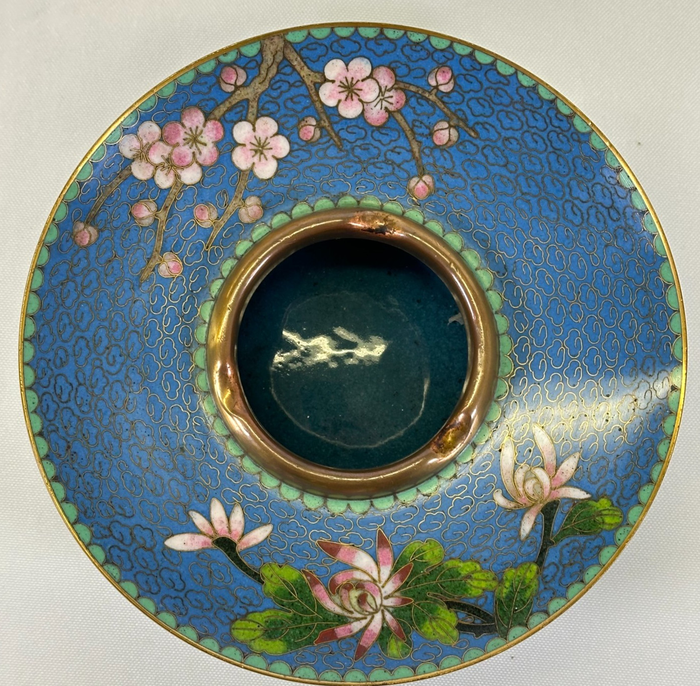 Vintage Chinese Cloisonne Blue Floral Brass Enamel Ashtray 6\