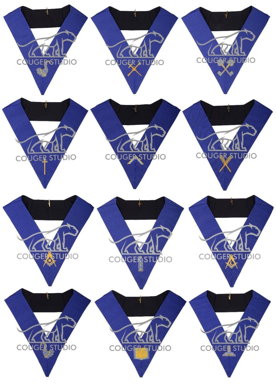 Masonic Blue Lodge Officers Collar Set of 12 Embroidered Collars