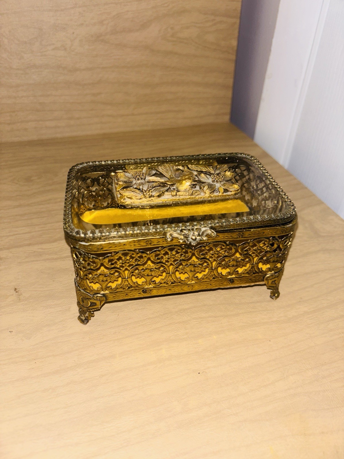 VINTAGE MATSON Ormolu Signed Filigree Floral Bird Glass Vanity  Gold Plated Box