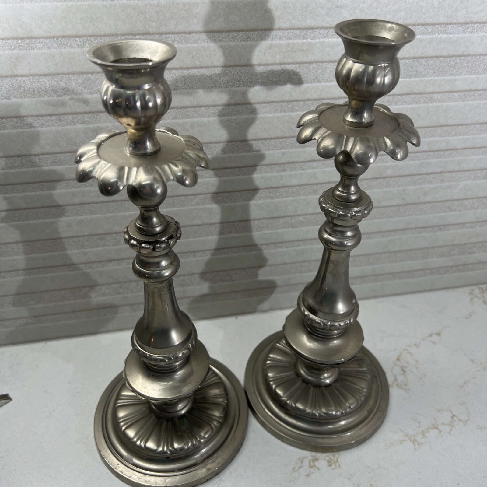 Vintage Detailed Pewter Candlestick Holder Set of Two 11. Inch Tall Base 4.5 Vintage Detailed Pewter Candlestick Holder Set of Two 11. Inch Tall Base 4.5
