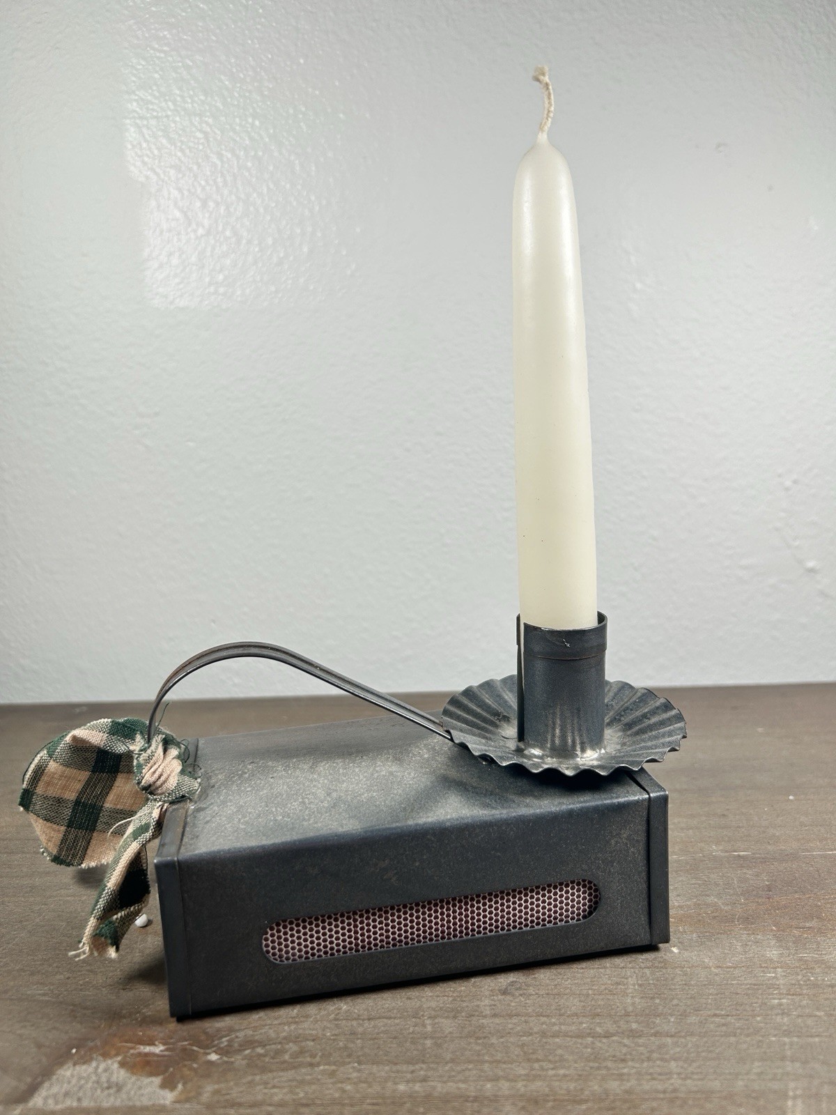 Vintage Primitive Tin Matchbox Candle Holder Taper Candlestick Country Farmhouse