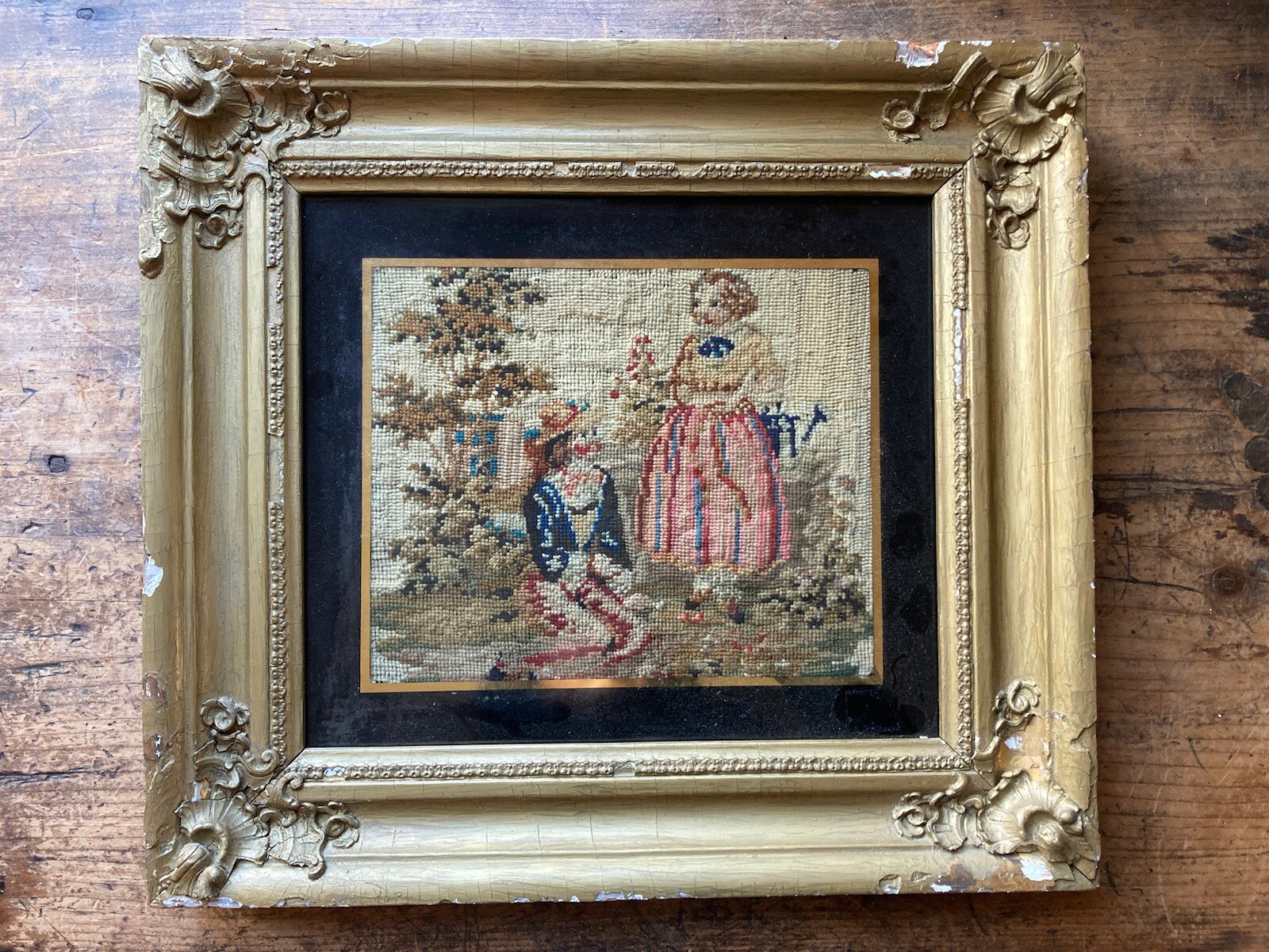 Nice Antique 18th 19th C Needlework Embroidered Young Couple folk art Framed Nice Antique 18th 19th C Needlework Embroidered Young Couple folk art Framed