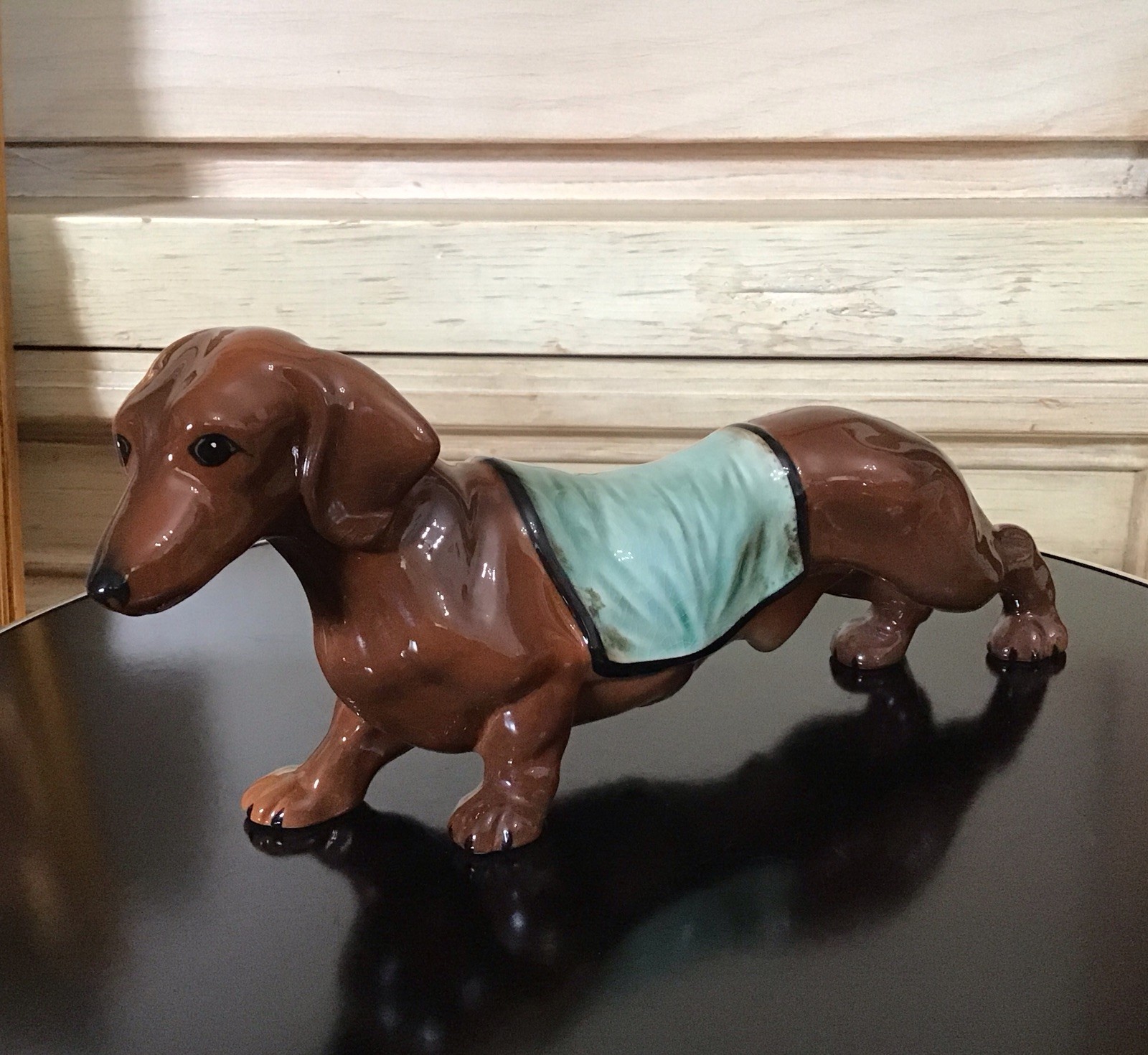 Vintage Ceramic Brown Dachshund Dog Figurine w Green Blanket 9” Long Vintage Ceramic Brown Dachshund Dog Figurine w Green Blanket 9” Long
