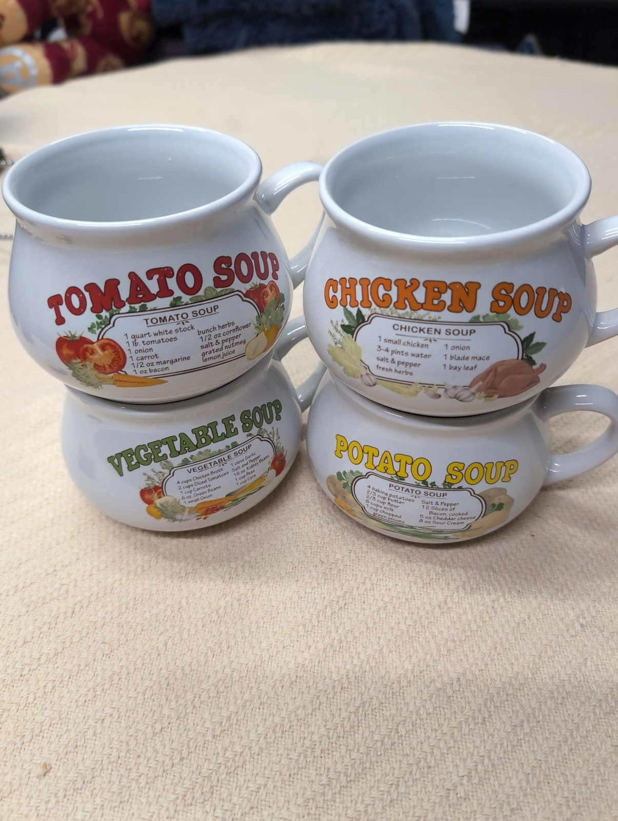 Vintage Set of 4 Ceramic Soup Mugs Chicken,Tomato,Potato &Vegetable Soup Recipes Vintage Set of 4 Ceramic Soup Mugs Chicken,Tomato,Potato &Vegetable Soup Recipes