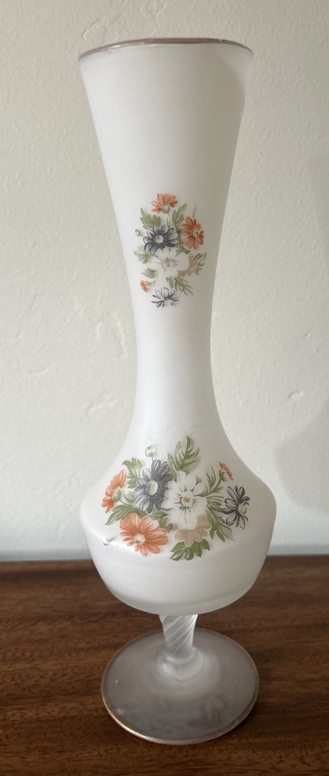 Vintage Italian Satin Norleans Glass Vase Floral Footed Twisted Stem Gold 10”