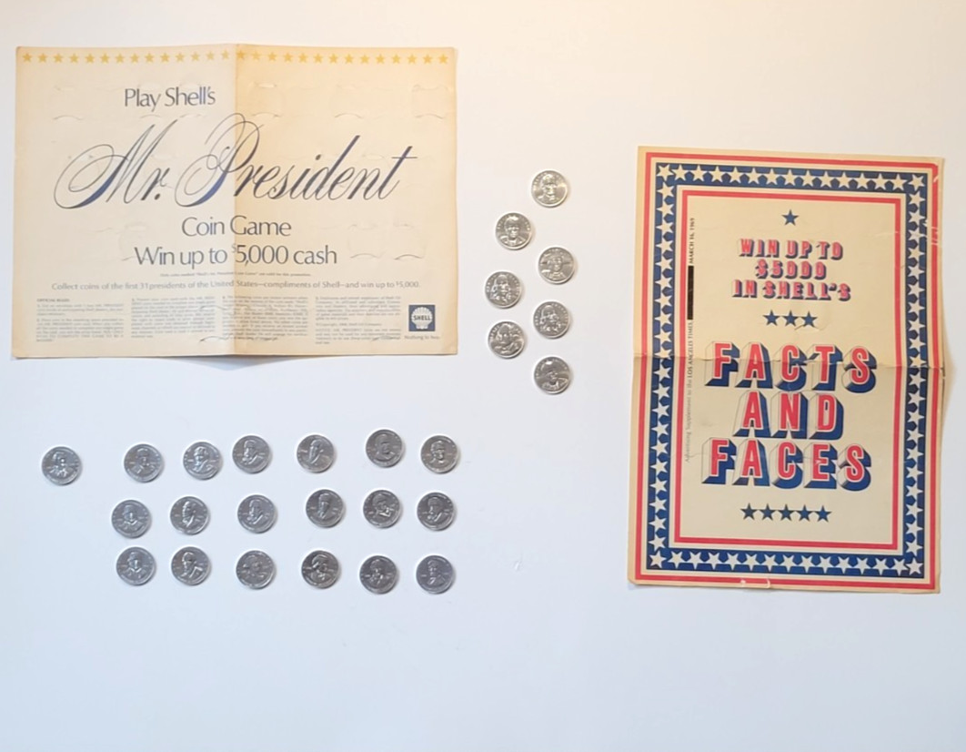 1969 Shell Mr President Coin Game + Facts & Faces Set w/ 27 Coins Gas Station