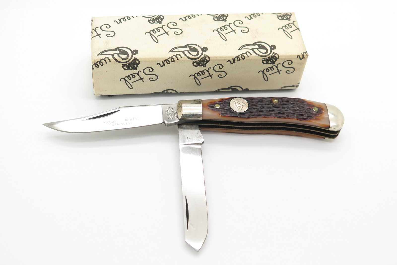 Vintage 1993 Queen 9155 Trapper Delrin Handle Stainless Folding Pocket Knife