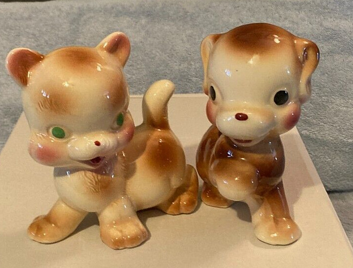 VTG 1940s Rempel Diamond Pottery-CUDDLES CAT (w/label) & PERKY PUPPY-4.5\ VTG 1940s Rempel Diamond Pottery-CUDDLES CAT (w/label) & PERKY PUPPY-4.5\