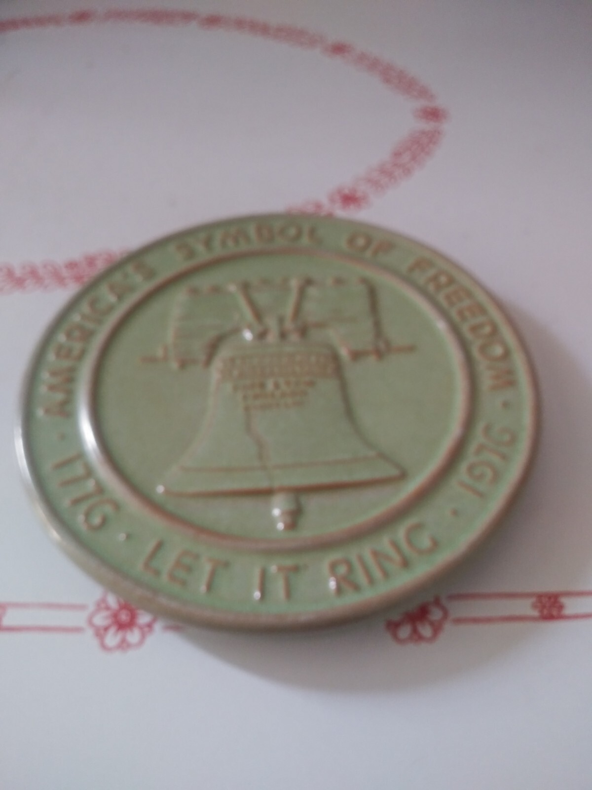 Frankoma Pottery Red Ware Liberty Bell Trivet. Celedon Green And Flawless