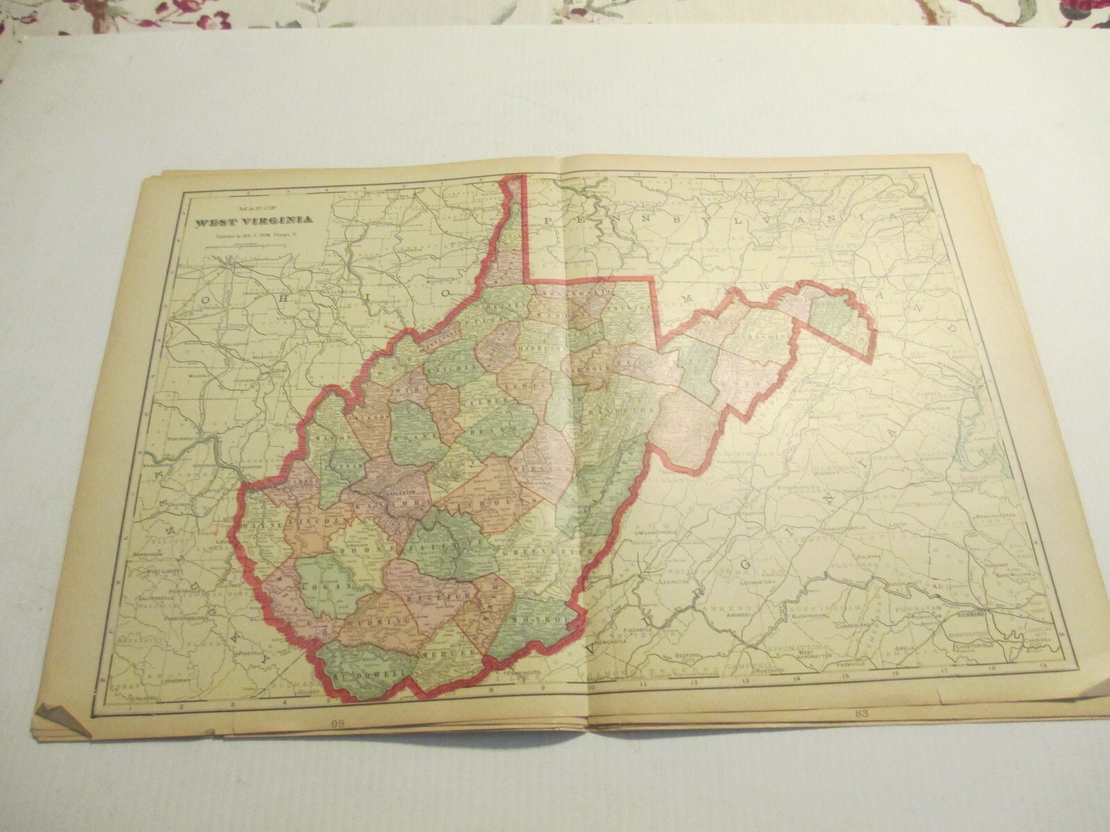 ANTIQUE MAP  OF WEST VIRGINIA  CRAM'S  ATLAS 1905  23 X 14.5 DOUBLE PAGE