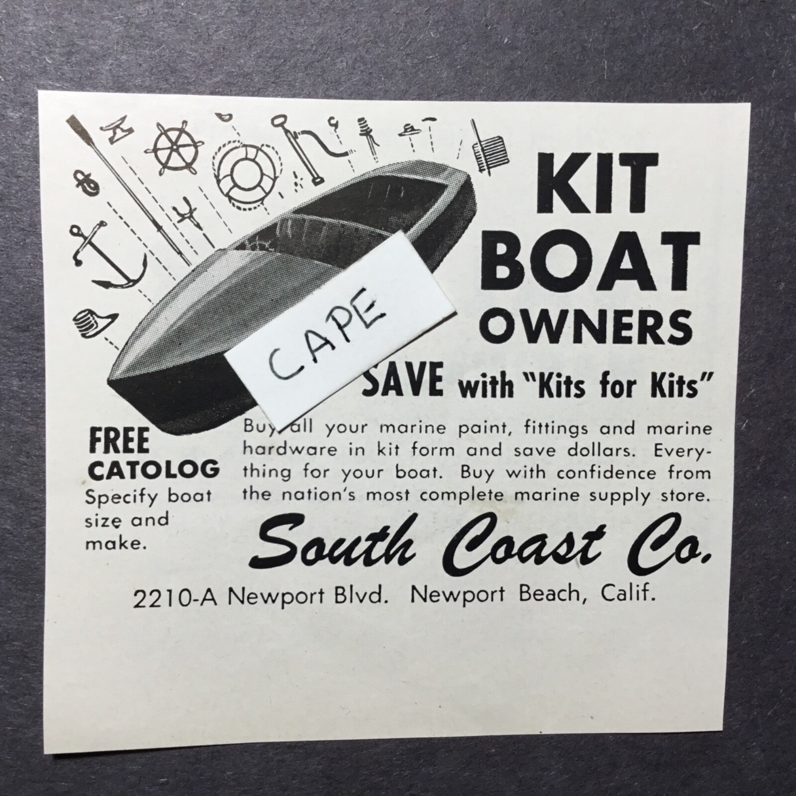 1953 Ad. South Coast Co. Kit Boat. Newport Beach, California