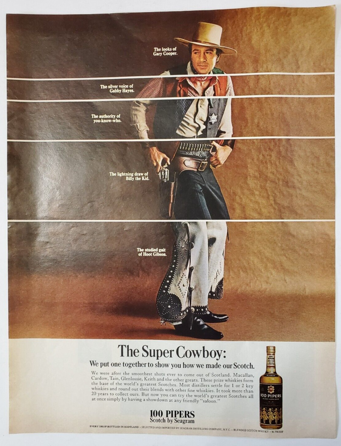 1967 Seagram\'s 100 Pipers Scotch Vintage Print Ad The Super Cowboy