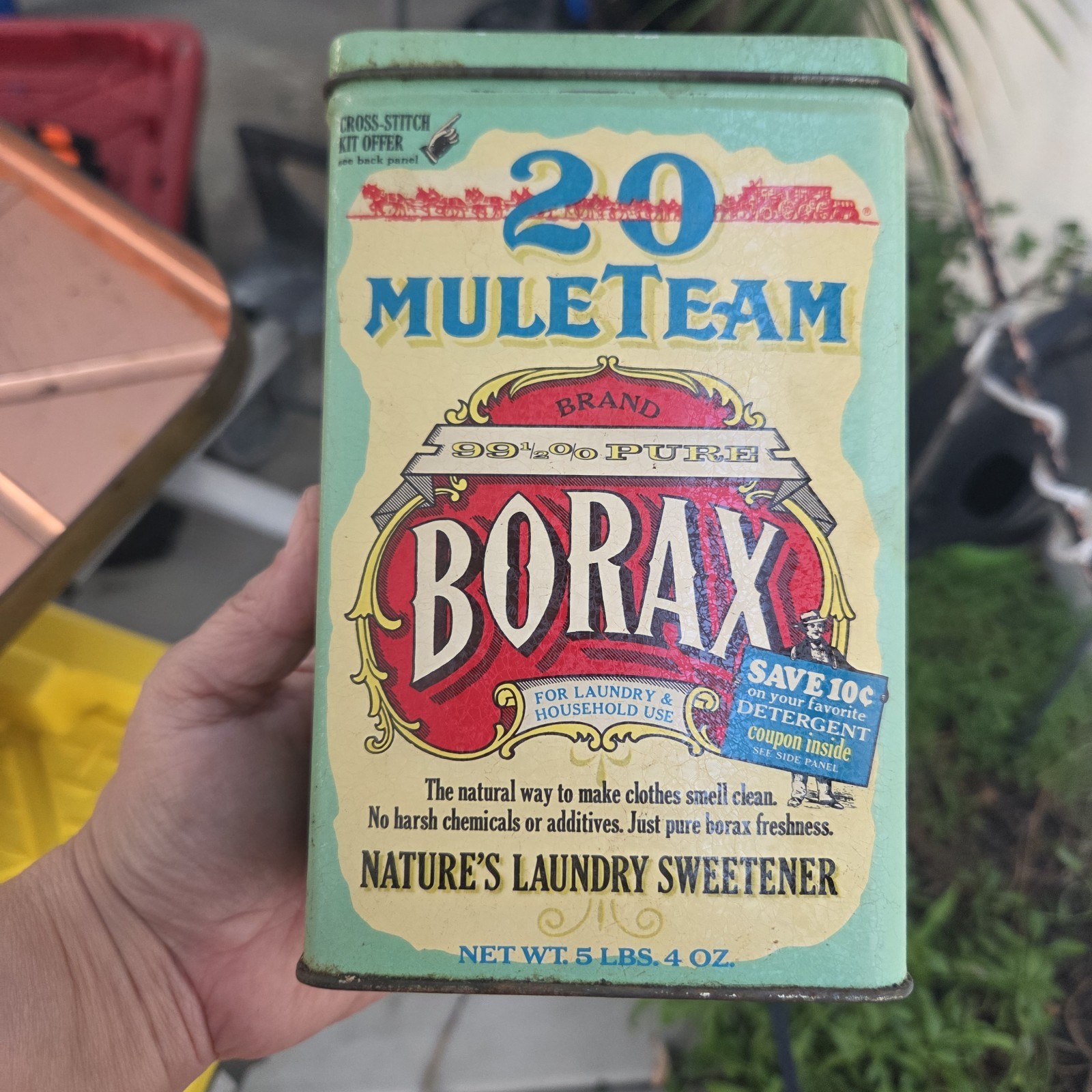 Vintage 1960s 20 Mule Team Borax Advertising Tin Laundry Canister Green Rustic