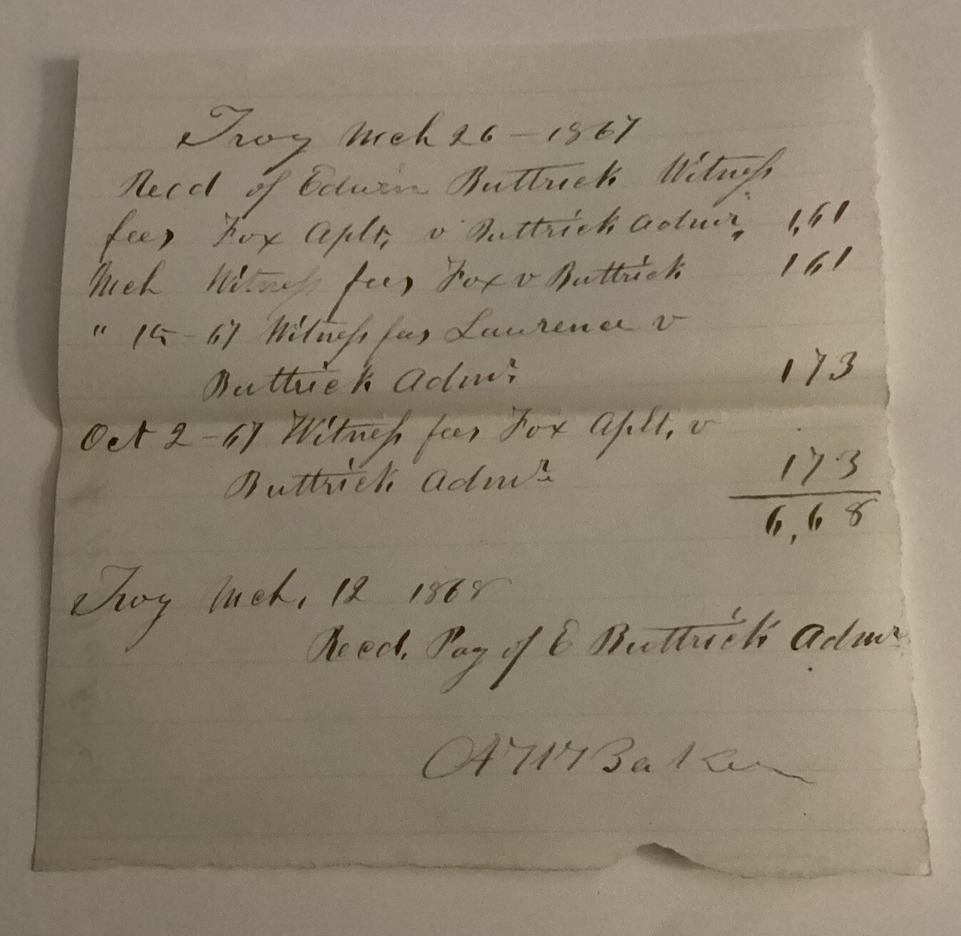 Handwritten Receipt Document 1867 Signed ID’d A W Baker Genealogy Antique