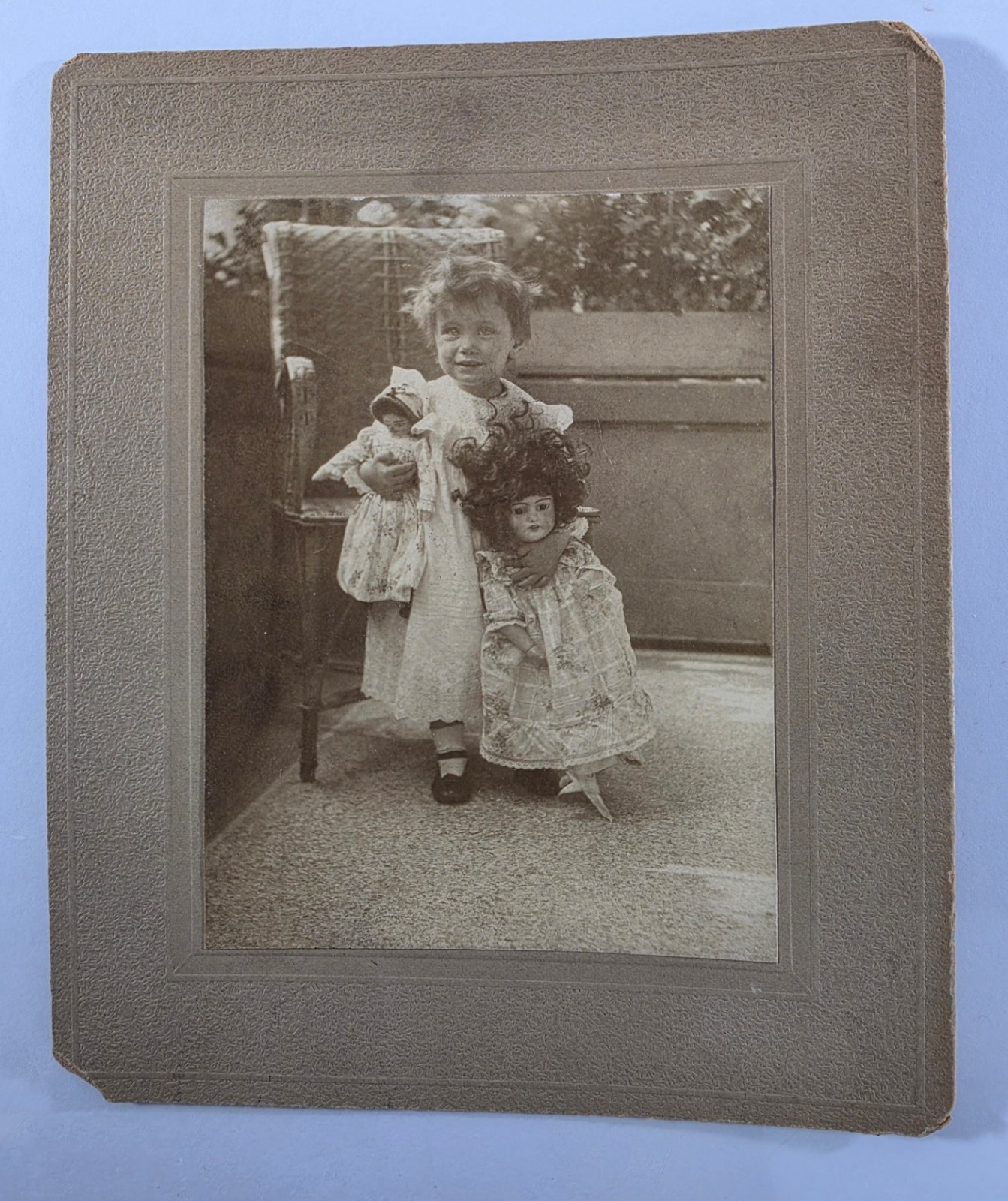 Antique 1900s Photo Named Girl Mary Dorothy Monk with Two Bisque Dolls