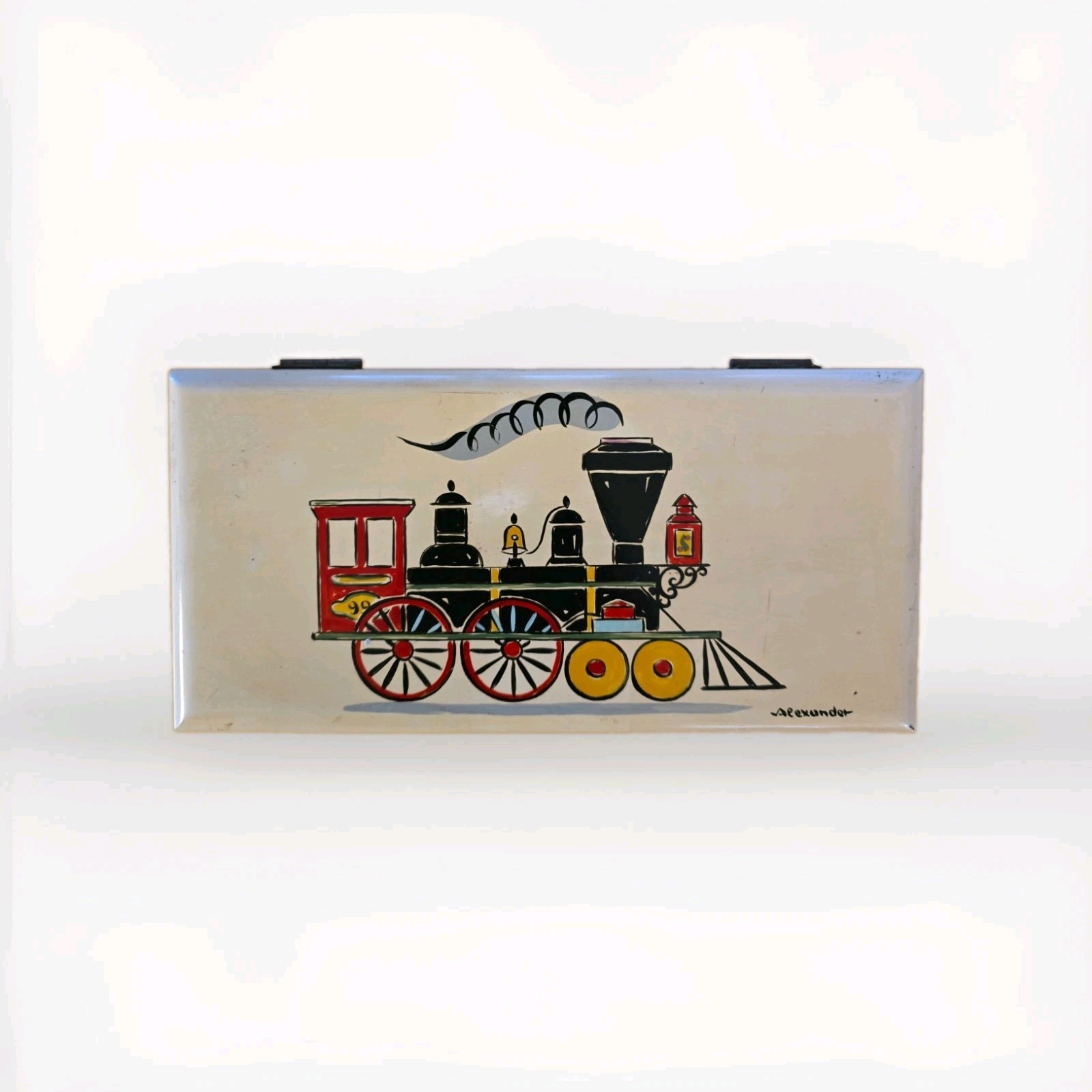 Vintage Hand painted Toleware Train Box With Alexunder Signature Vintage Hand painted Toleware Train Box With Alexunder Signature