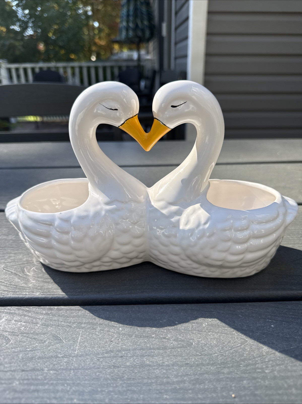 Vintage Ceramic Kissing Swans Double Planter MCM White Heart Love Birds